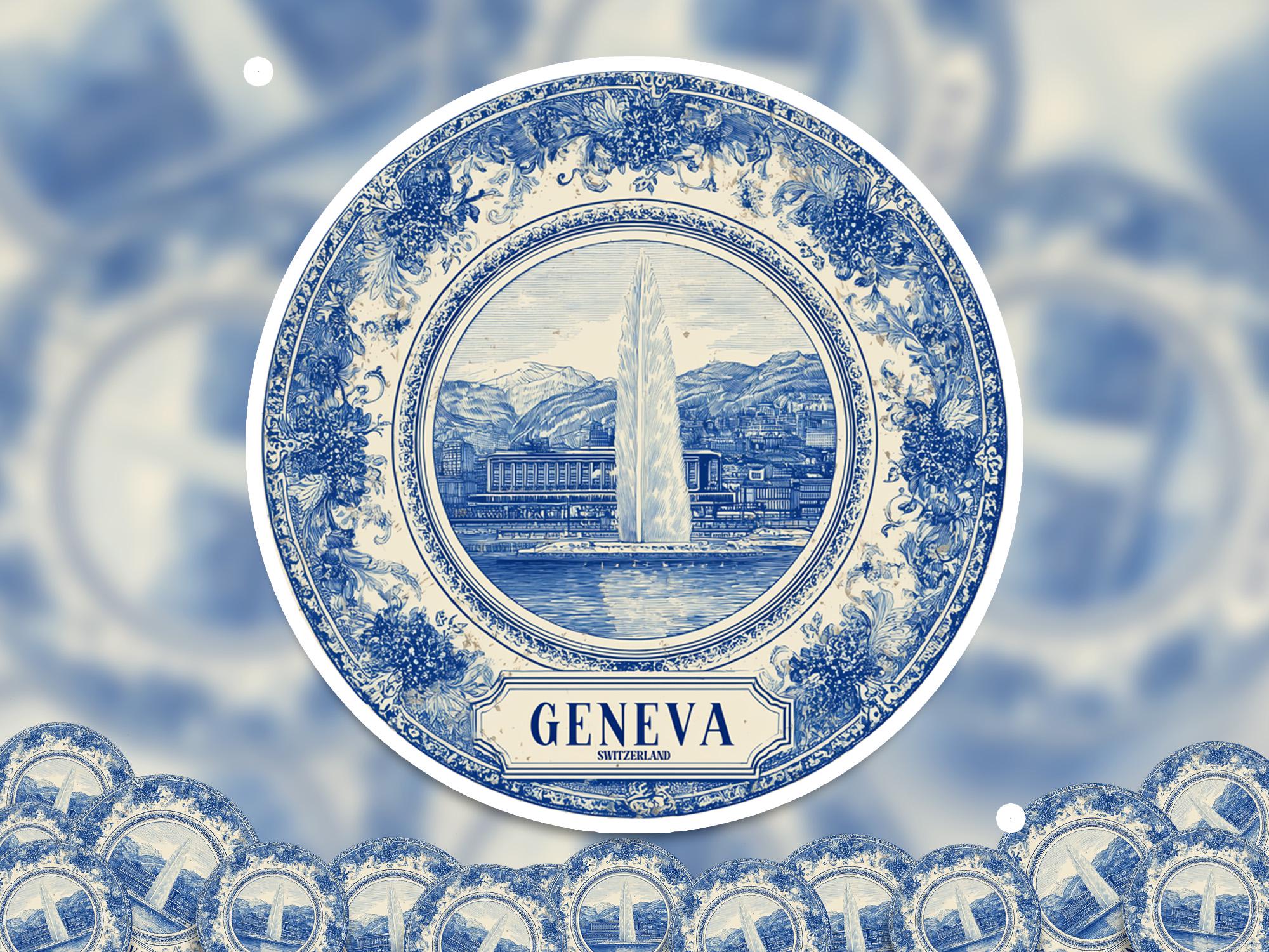 Geneva Switzerland Sticker Vintage Delft style, Delftware Decal Waterproof Vinyl, Blue City Travel