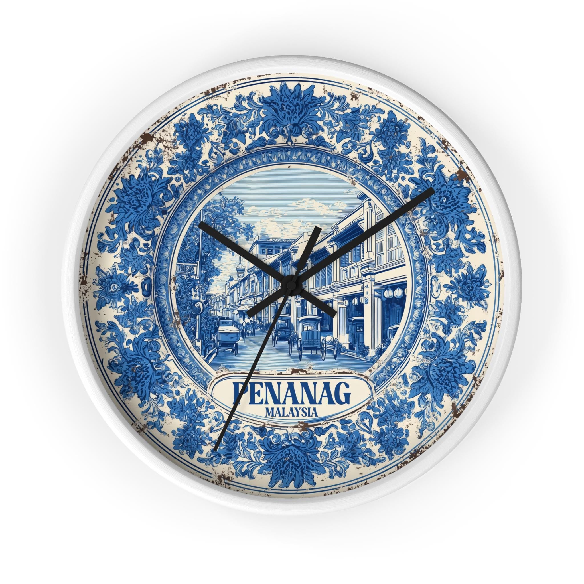 Penang Malaysia Wall Clock, Delf style Home Decor, Vintage City Travel Keepsake Art
