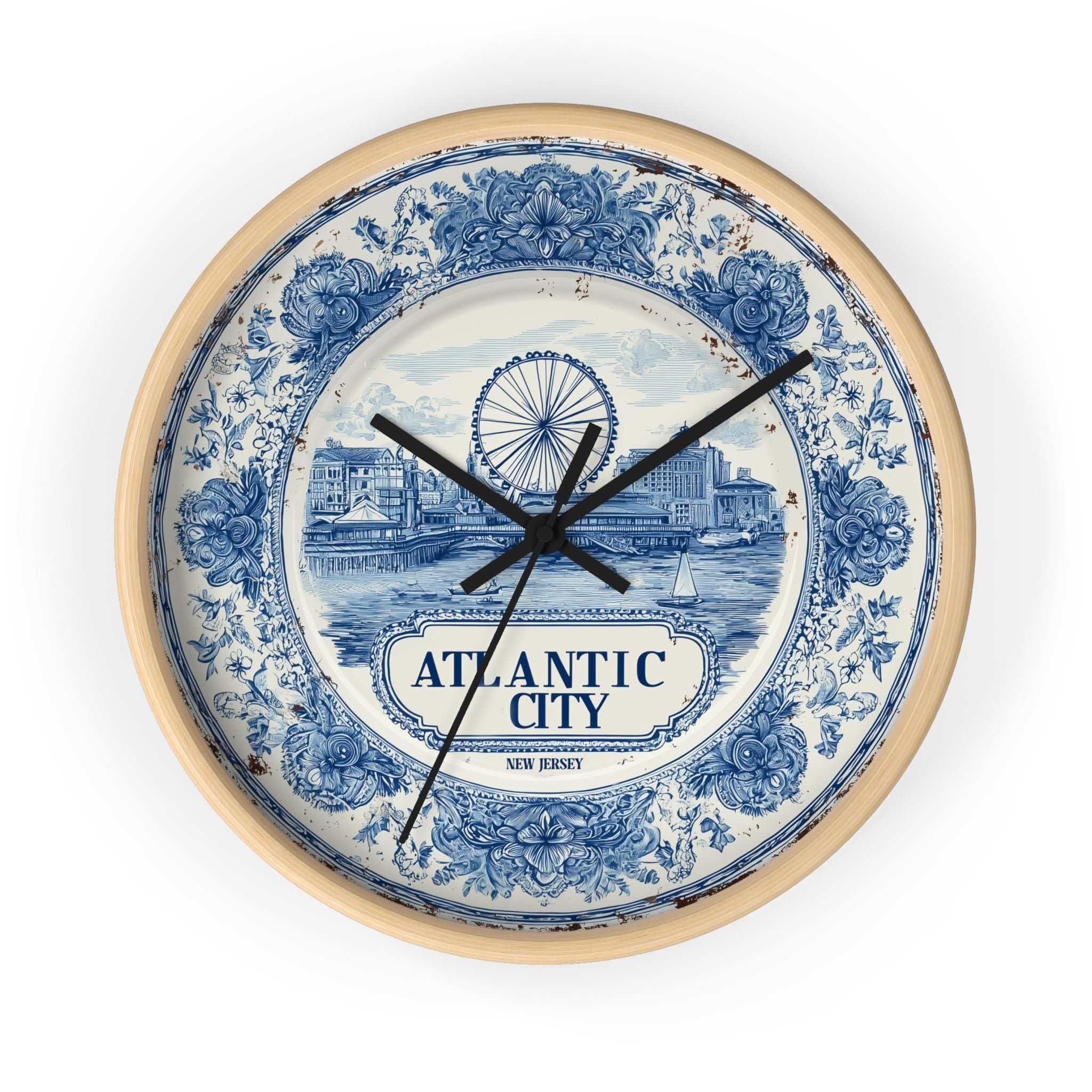 Atlantic City New Jersey Wall Clock, Delf style Home Decor, Vintage City Travel Keepsake Art