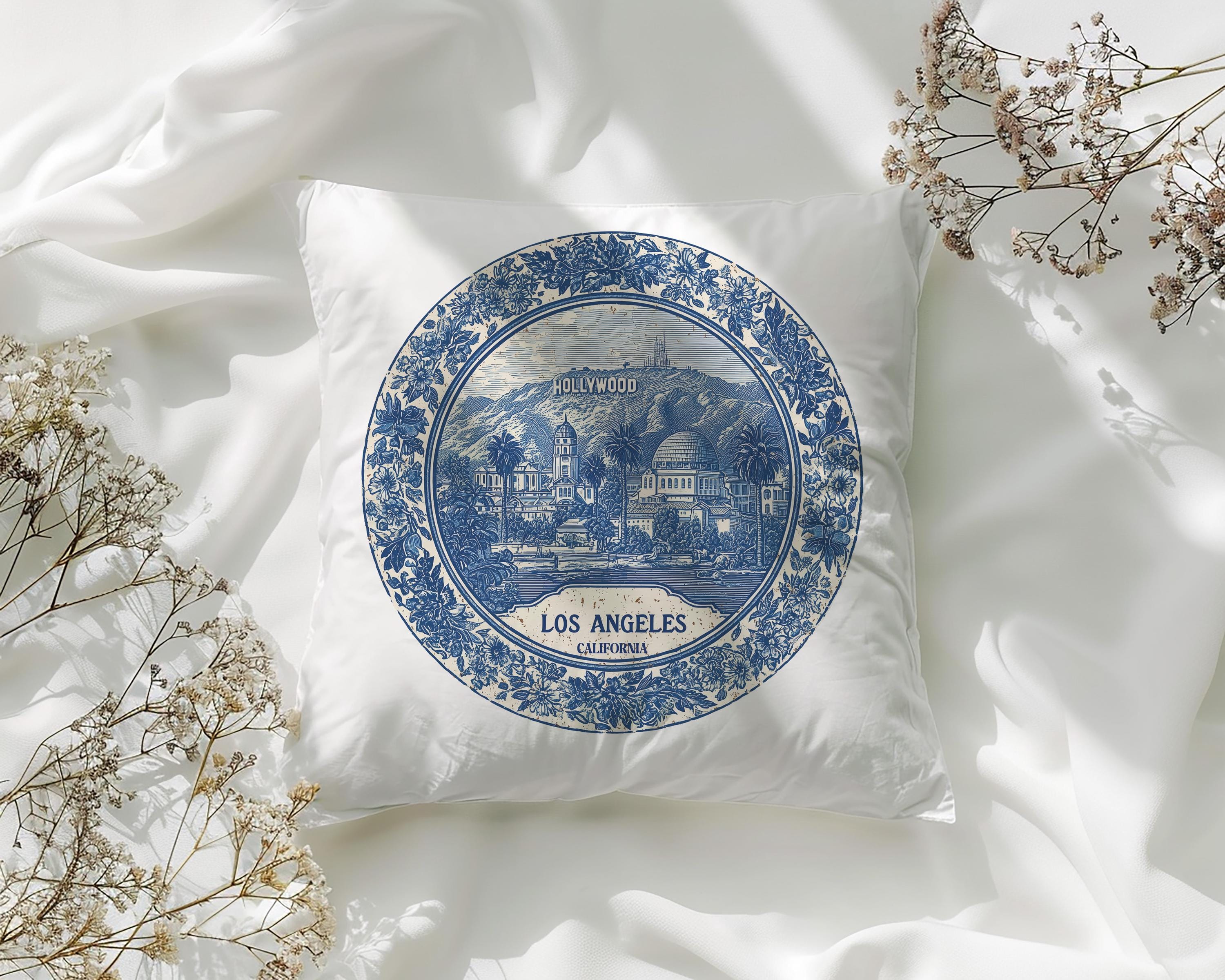 Los Angeles California Pillowcase, Delft Style Decorative Throw Pillow, Vintage Cityscape Retro Home Decor