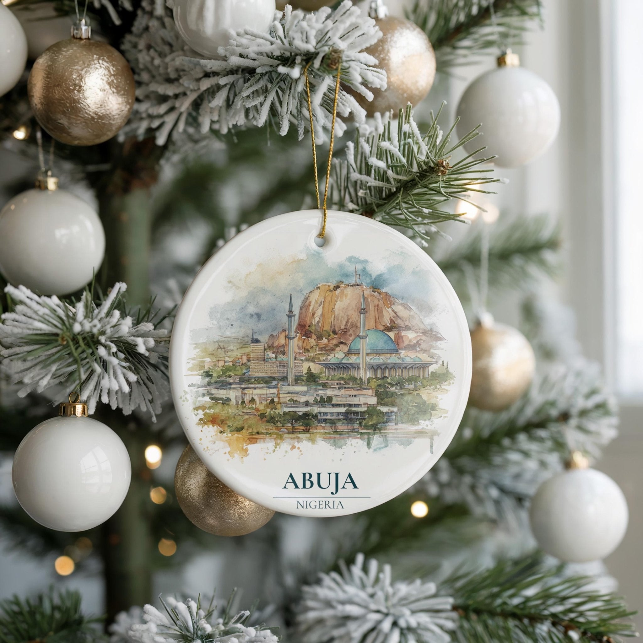 Abidjan Ivory Coast Personalized Watercolor Ornament, Custom Ceramic Christmas gift, Travel Keepsake - CuteBeePix