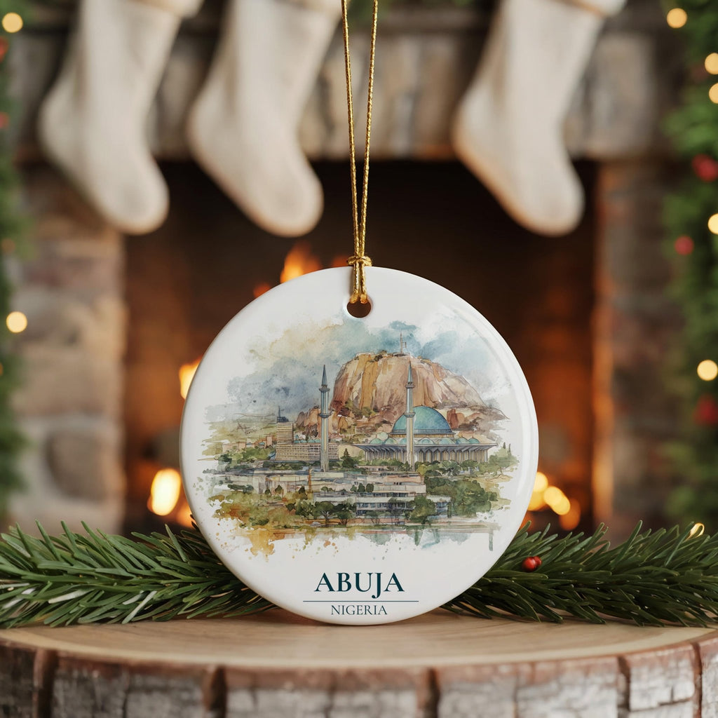 Abidjan Ivory Coast Personalized Watercolor Ornament, Custom Ceramic Christmas gift, Travel Keepsake - CuteBeePix