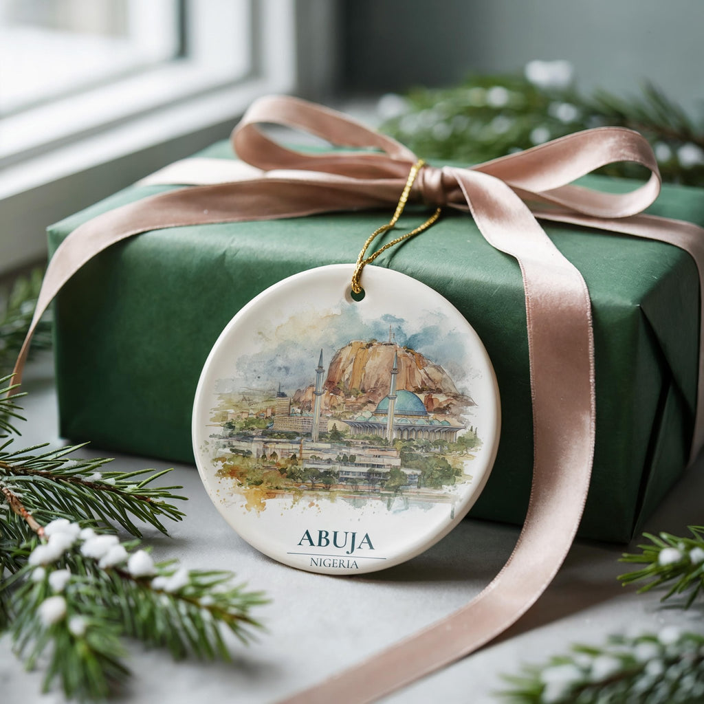 Abidjan Ivory Coast Personalized Watercolor Ornament, Custom Ceramic Christmas gift, Travel Keepsake - CuteBeePix