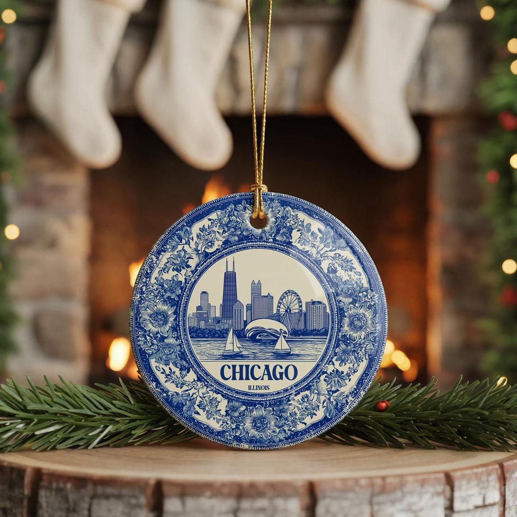 Custom Chicago Illinois US Ceramic Delft Ornament, Christmas Delftware Blue Delftware city travel