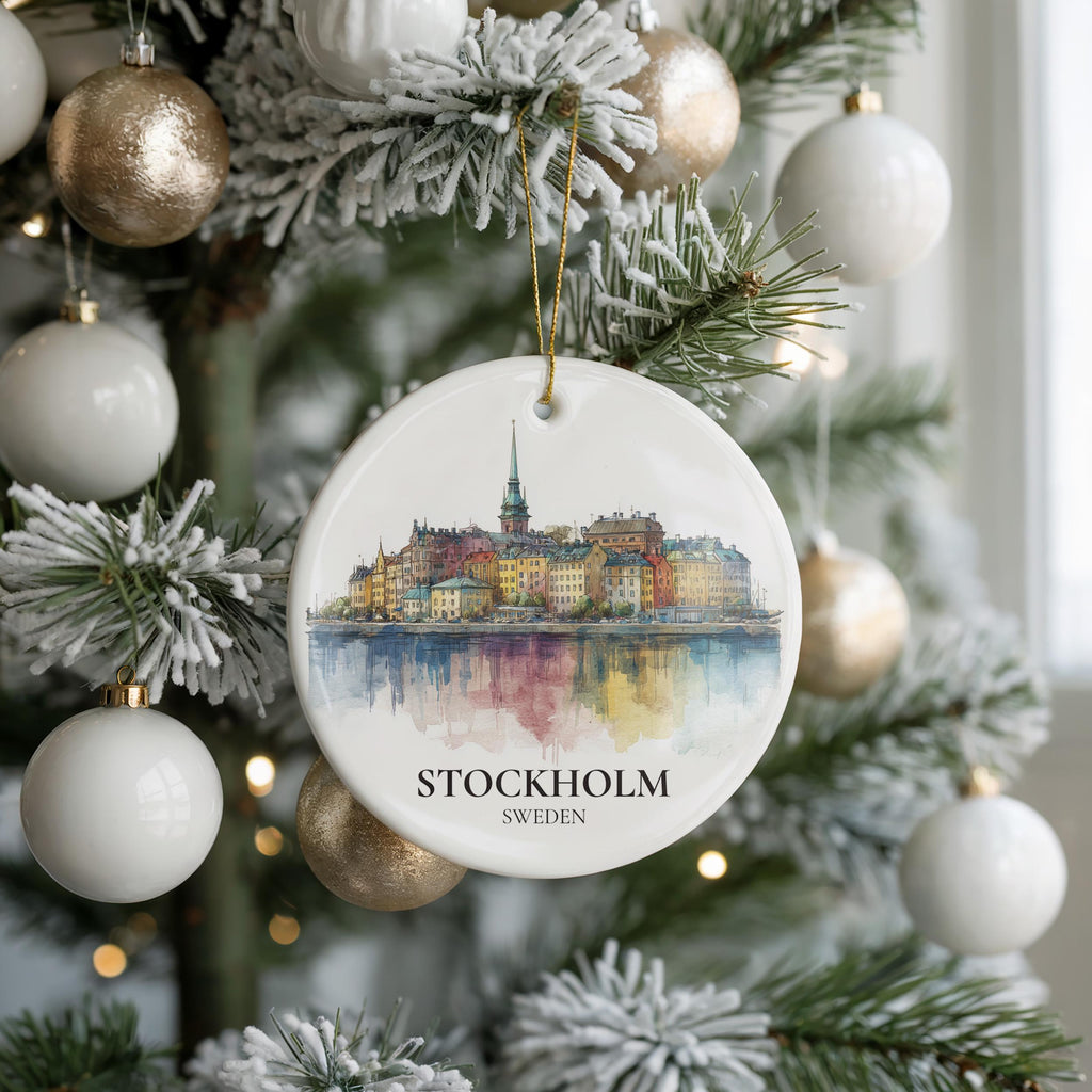Stockholm Sweden Personalized Watercolor Ornament, Custom Ceramic Christmas gift, Travel Keepsake