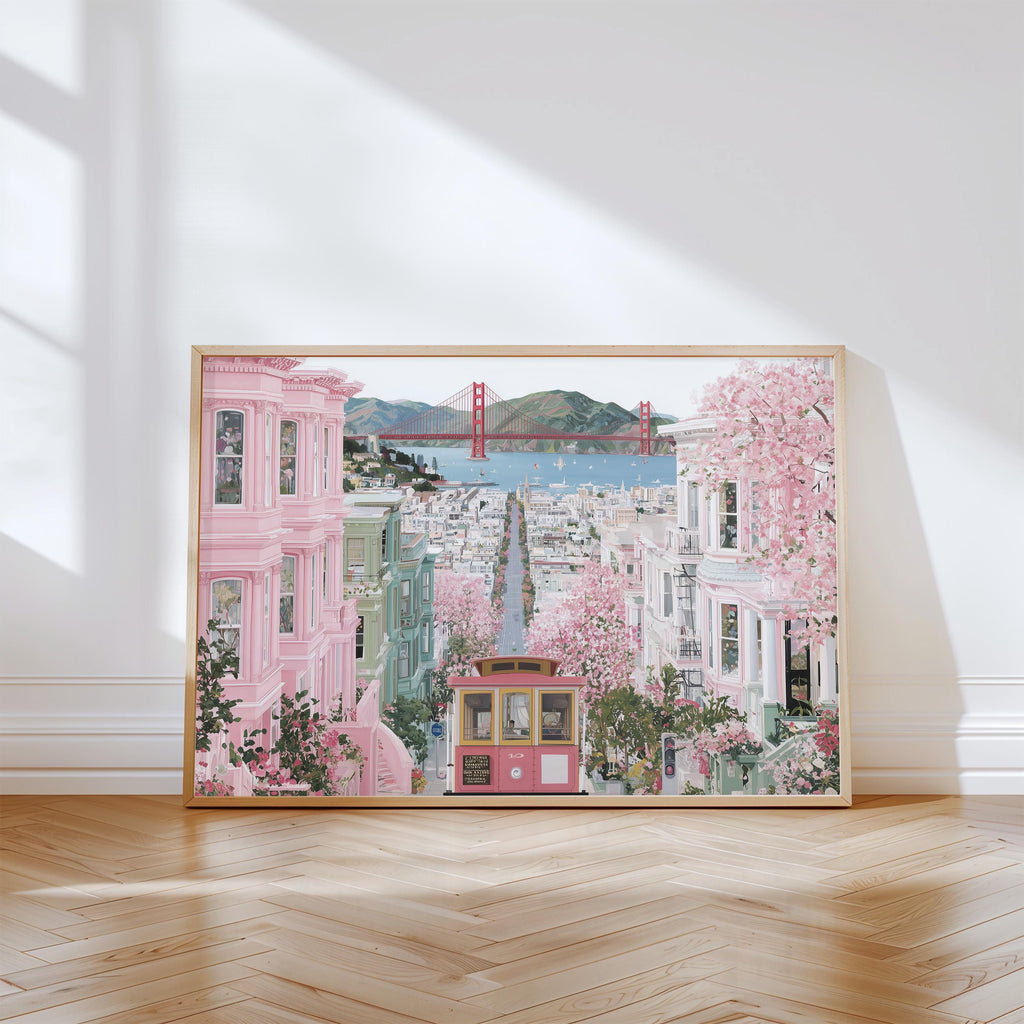 San Francisco Spring Wall Art, Cherry Blossom Floral Travel Gift Decor Large Print Painting