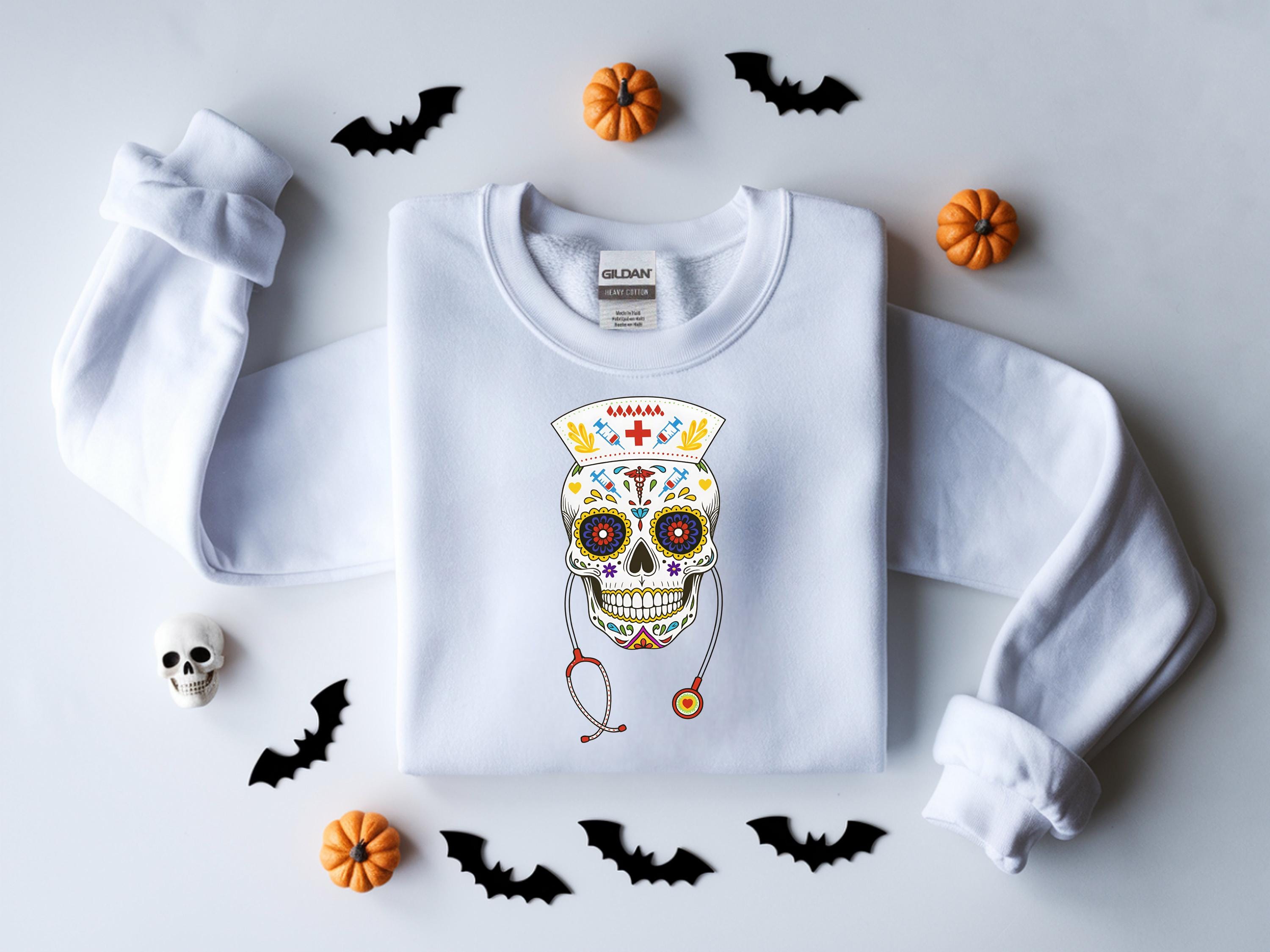 Skull Nurse Sweatshirt, Halloween Sweater, Day of the Dead Nurse, Spooky Nurse Outfit, Nurse Appreciation Gift, Medical Halloween Crewn