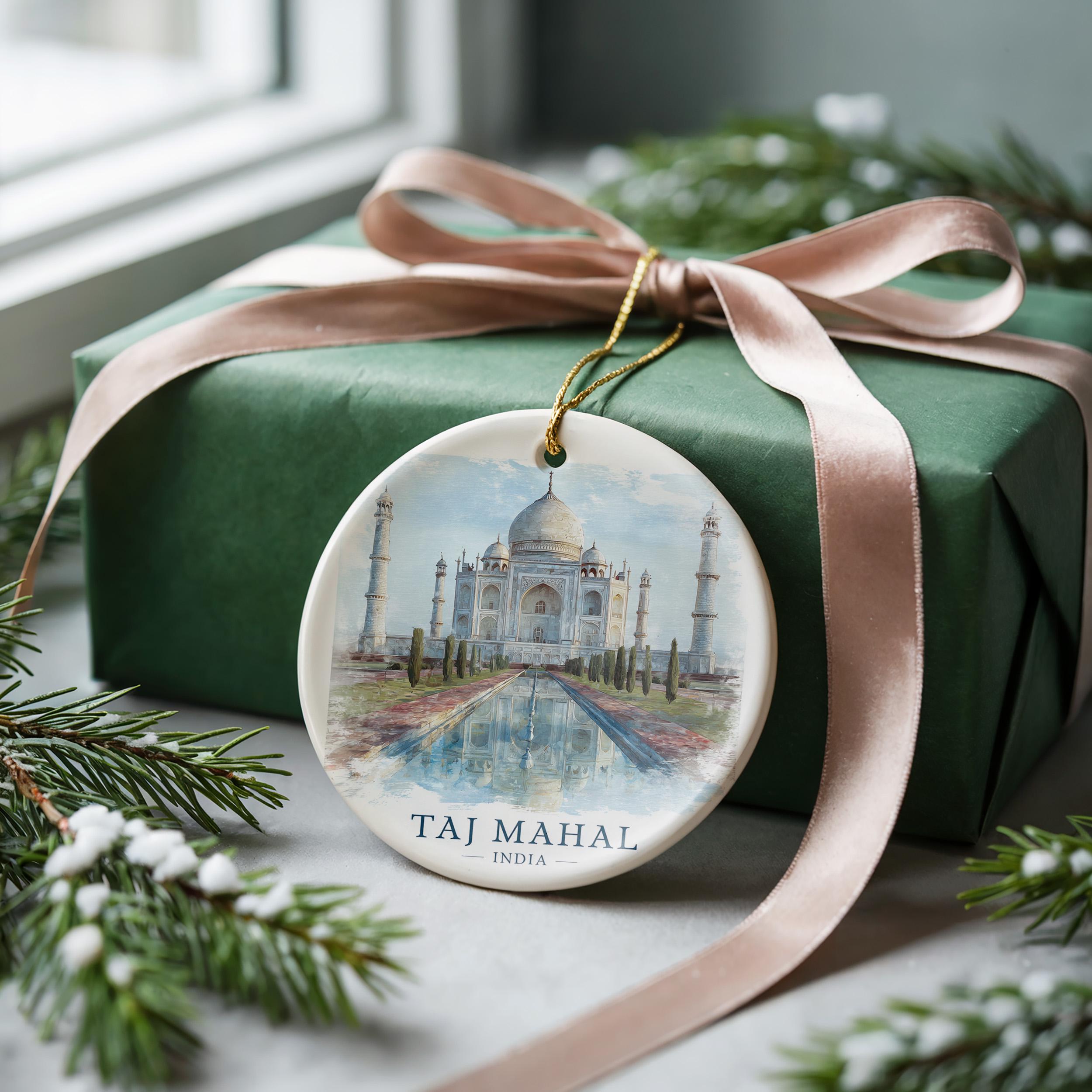 Taj Mahal India Personalized Watercolor Ornament, Custom Ceramic Christmas gift, Travel Keepsake