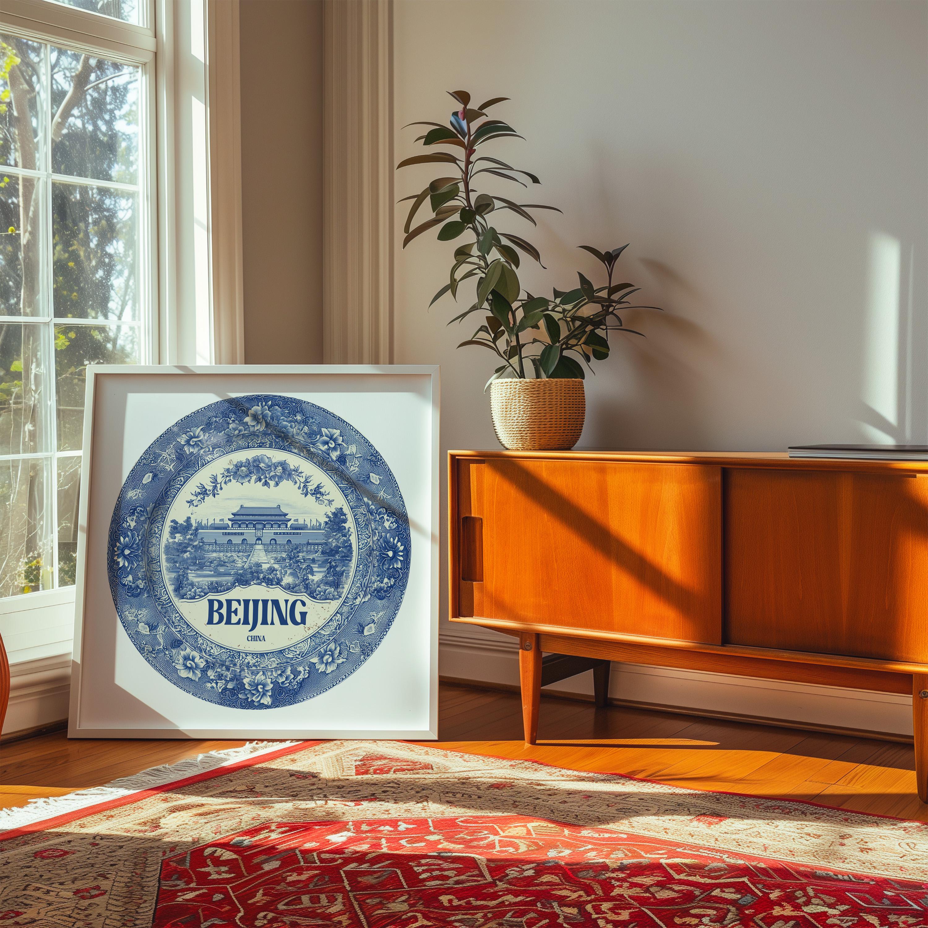 Beijing China Wall Art, Vintage Delft Blue Poster, City Print, Travel Home Decor