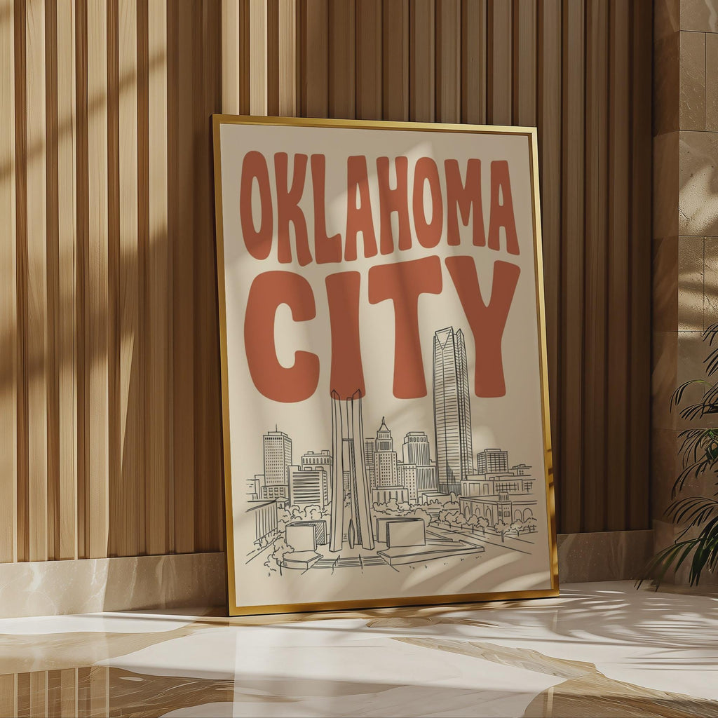 Oklahoma City Skyline Wall Art, Framed Canvas Print, Retro Home Decor
