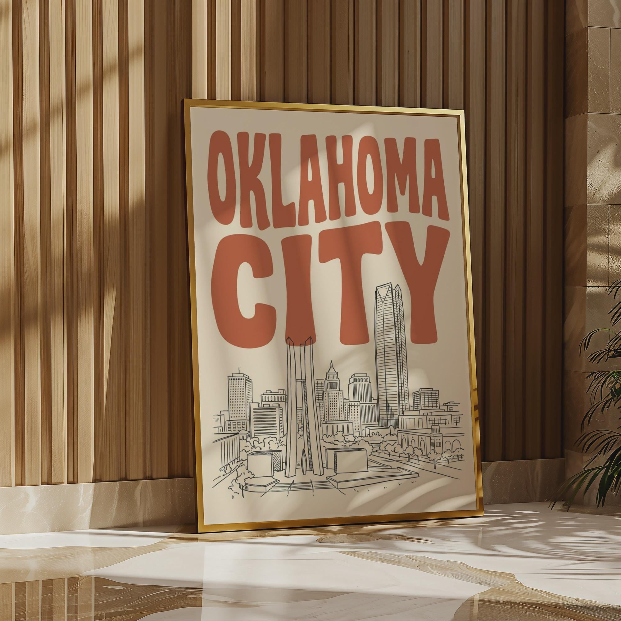 Oklahoma City Skyline Wall Art, Framed Canvas Print, Retro Home Decor