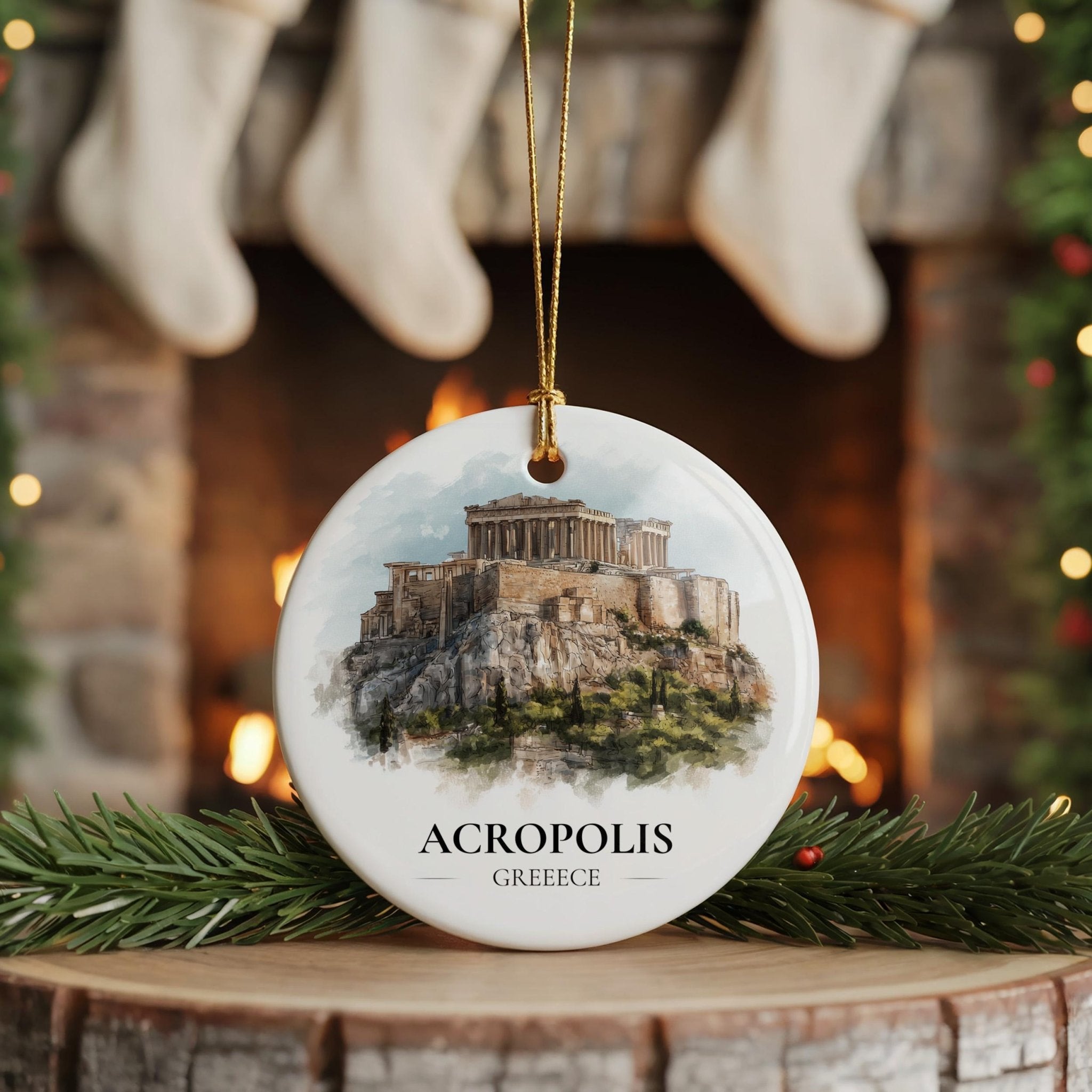 Acropolis Greece Personalized Watercolor Ornament, Custom Ceramic Christmas gift, Travel Keepsake - CuteBeePix