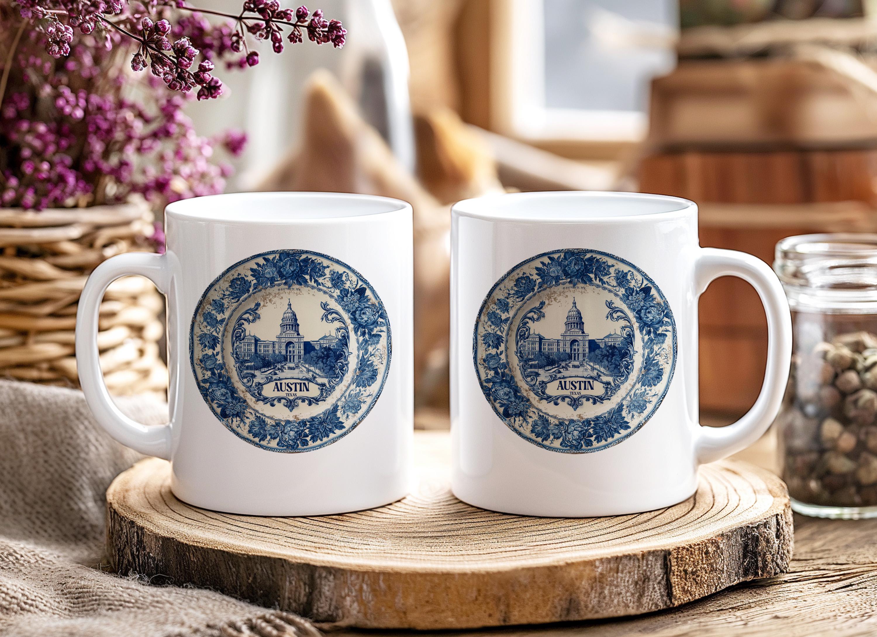 Austin Texas Mug, Custom Delft Style cup, Personalized Vintage Travel City Gift