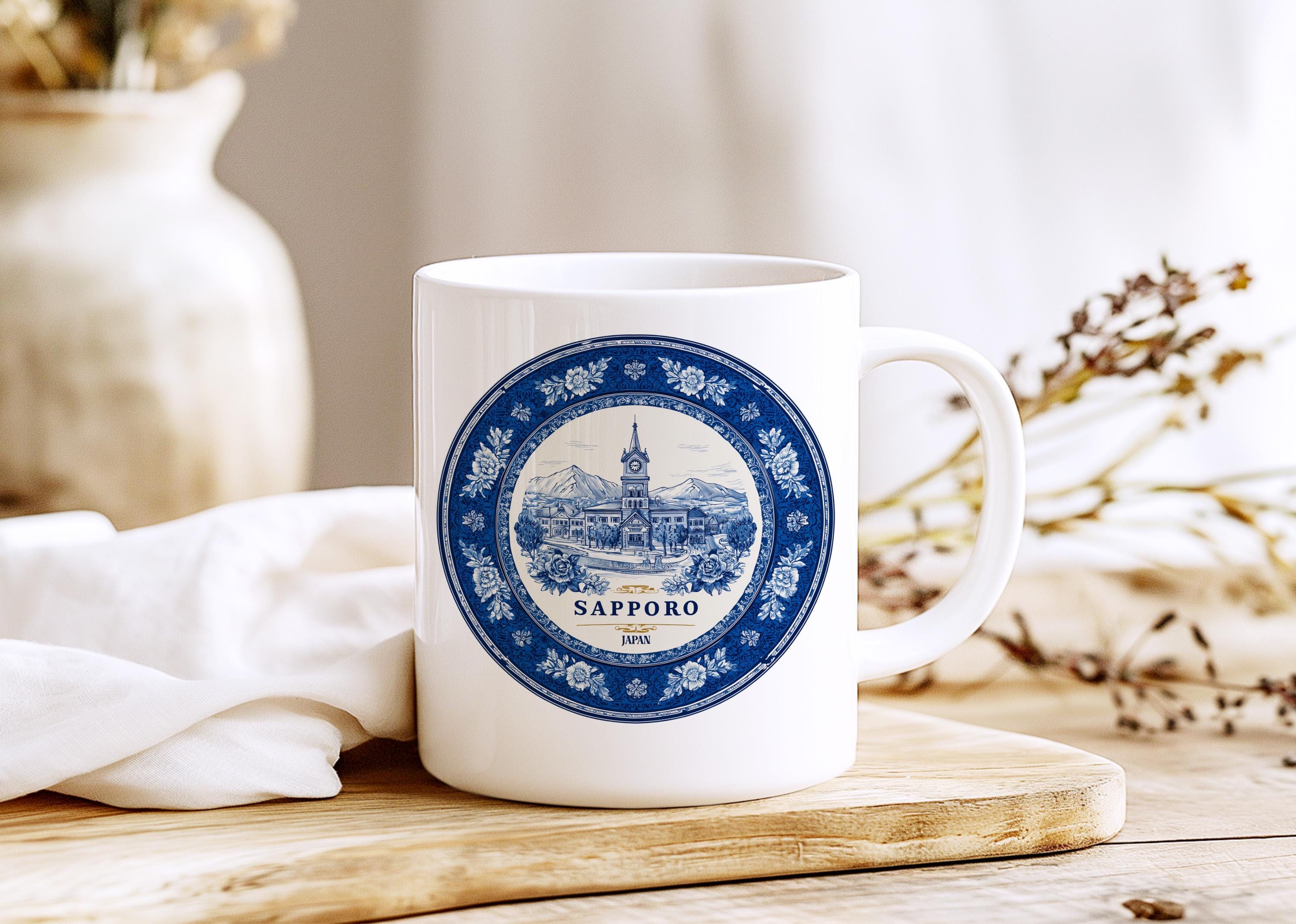 Sapporo Japan Mug, Custom Delft Style cup, Personalized Vintage Travel City Gift