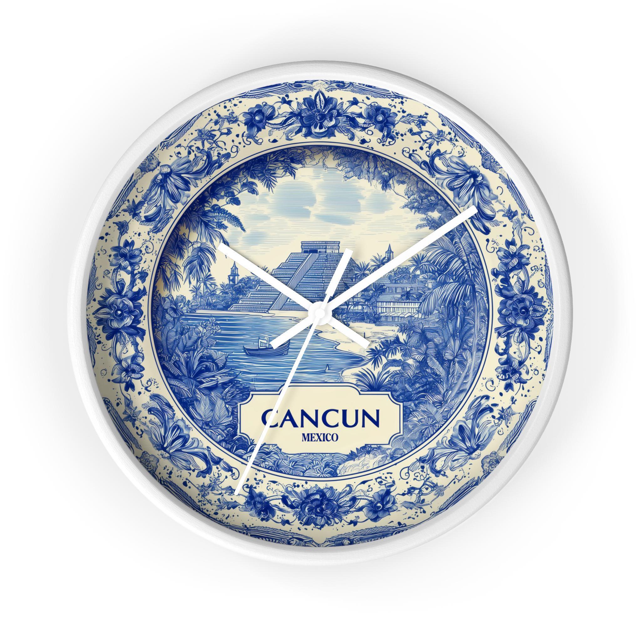 Cancun Mexico Wall Clock, Delf style Home Decor, Vintage City Travel Keepsake Art