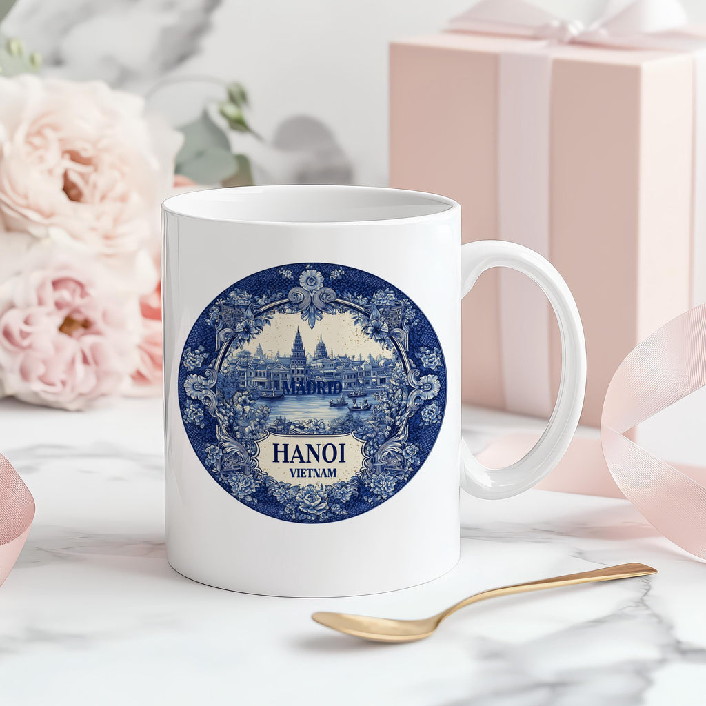Hanoi Vietnam Mug, Custom Delft Style cup, Personalized Vintage Travel City Gift