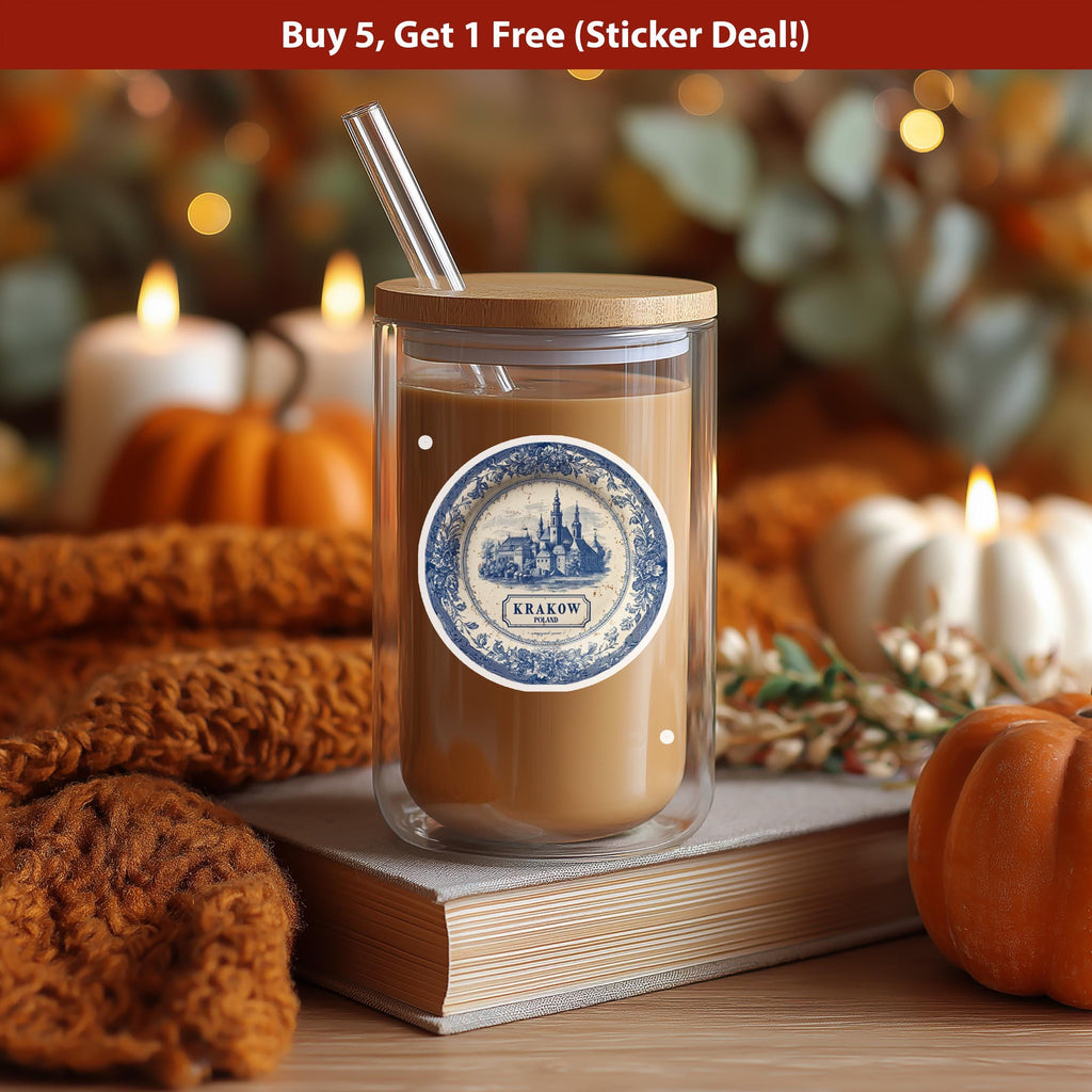 Krakow Poland Sticker Vintage Delft style, Delftware Decal Waterproof Vinyl, Blue City Travel