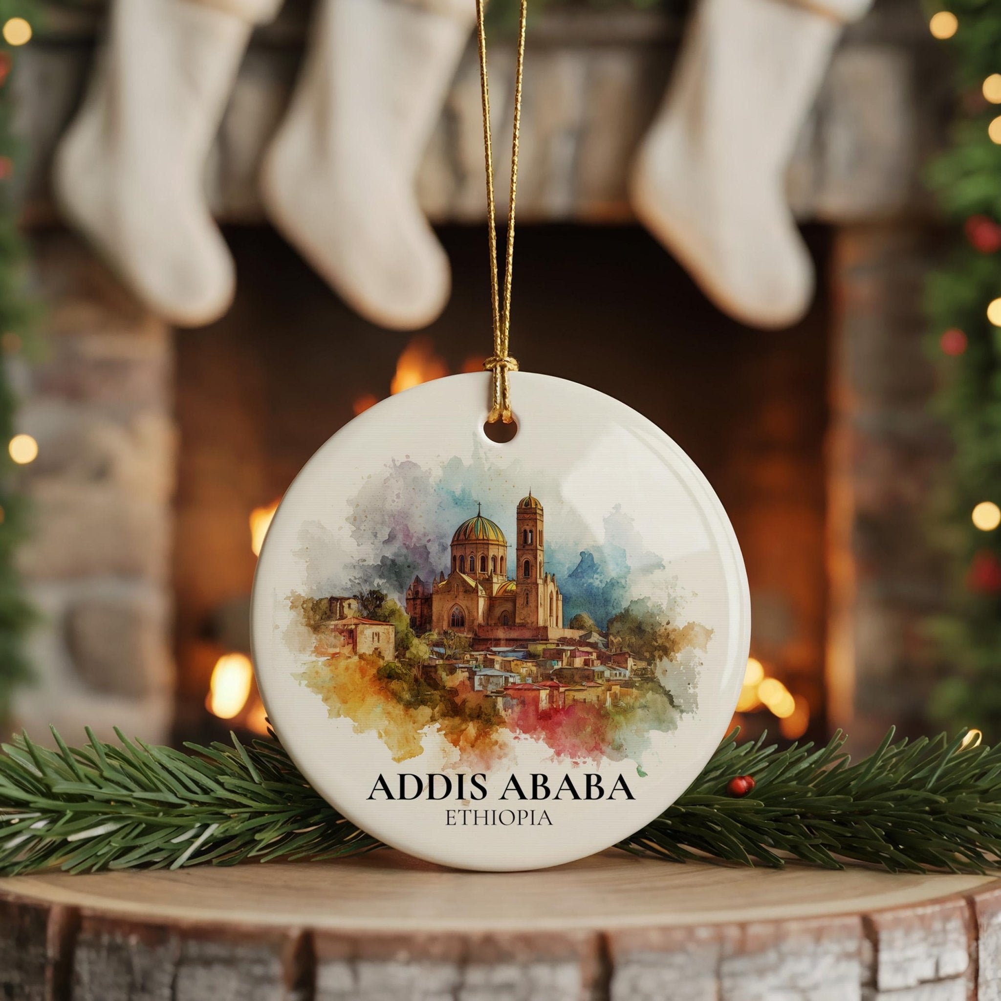 Addis Ababa Ethiopia Personalized Watercolor Ornament, Custom Ceramic Christmas gift, Travel Keepsake - CuteBeePix
