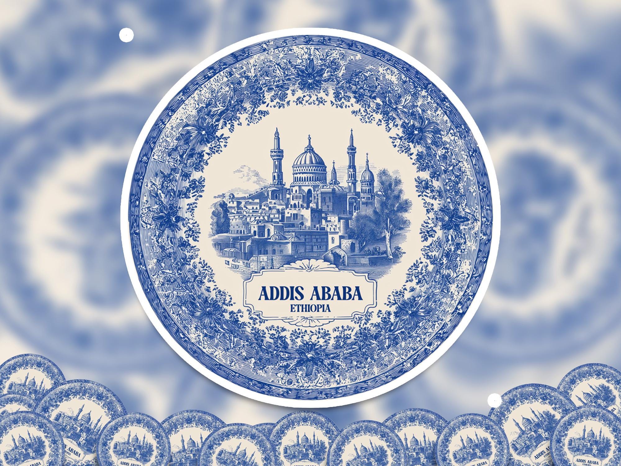 Addis Ababa Ethiopia Sticker Vintage Delft style, Delftware Decal Waterproof Vinyl, Blue City Travel - CuteBeePix