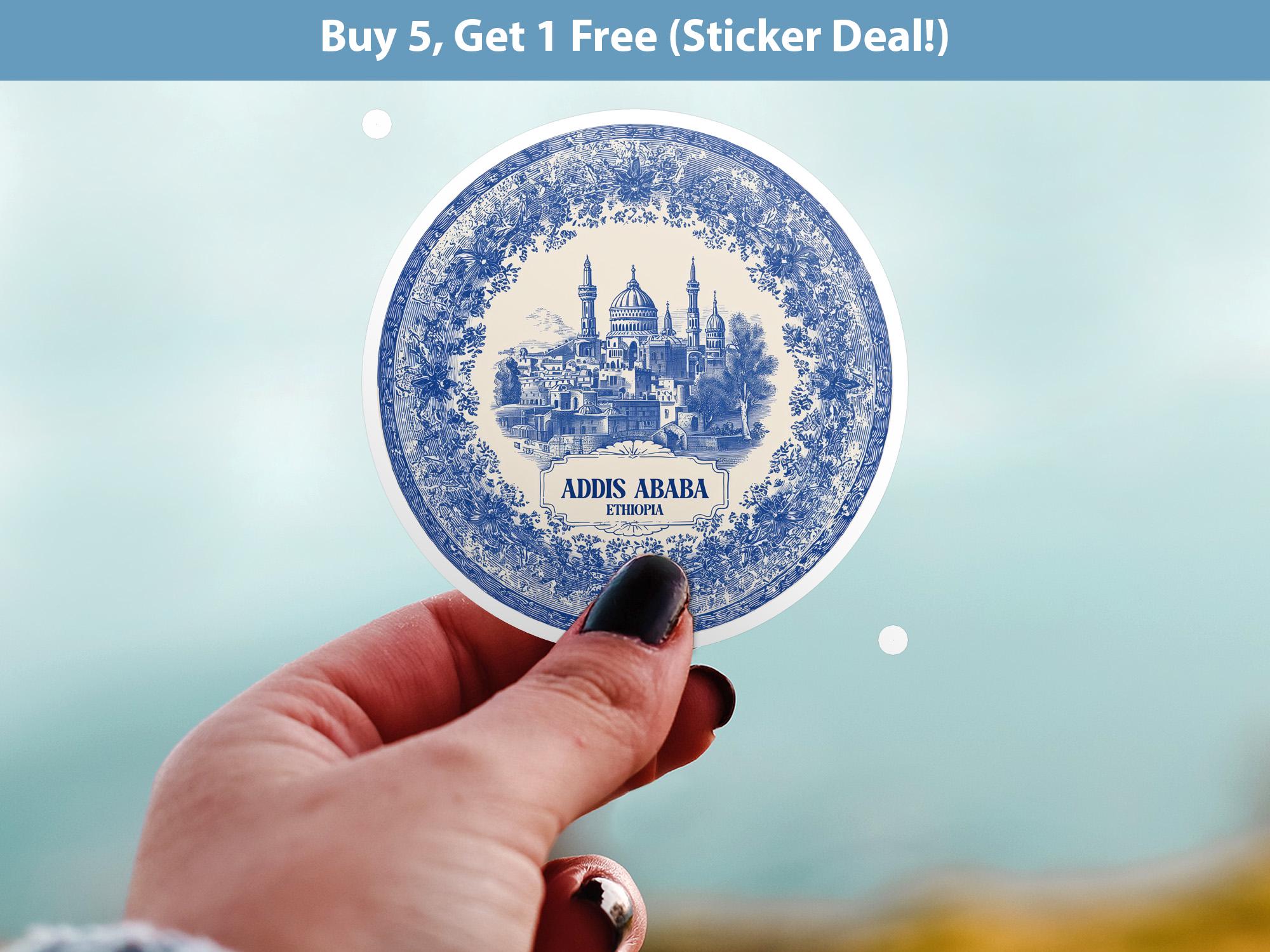 Addis Ababa Ethiopia Sticker Vintage Delft style, Delftware Decal Waterproof Vinyl, Blue City Travel - CuteBeePix