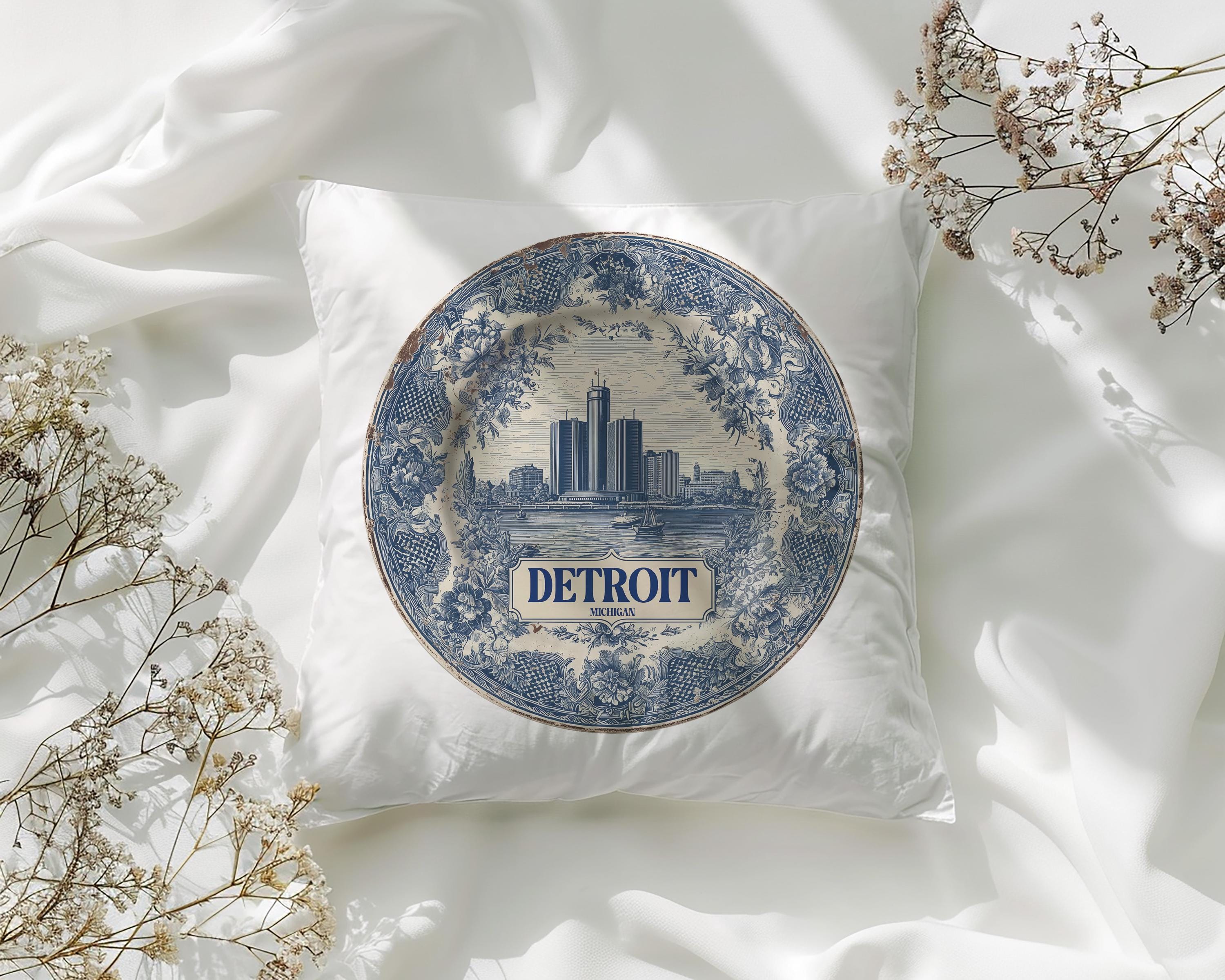Detroit Michigan Pillowcase, Delft Style Decorative Throw Pillow, Vintage Cityscape Retro Home Decor