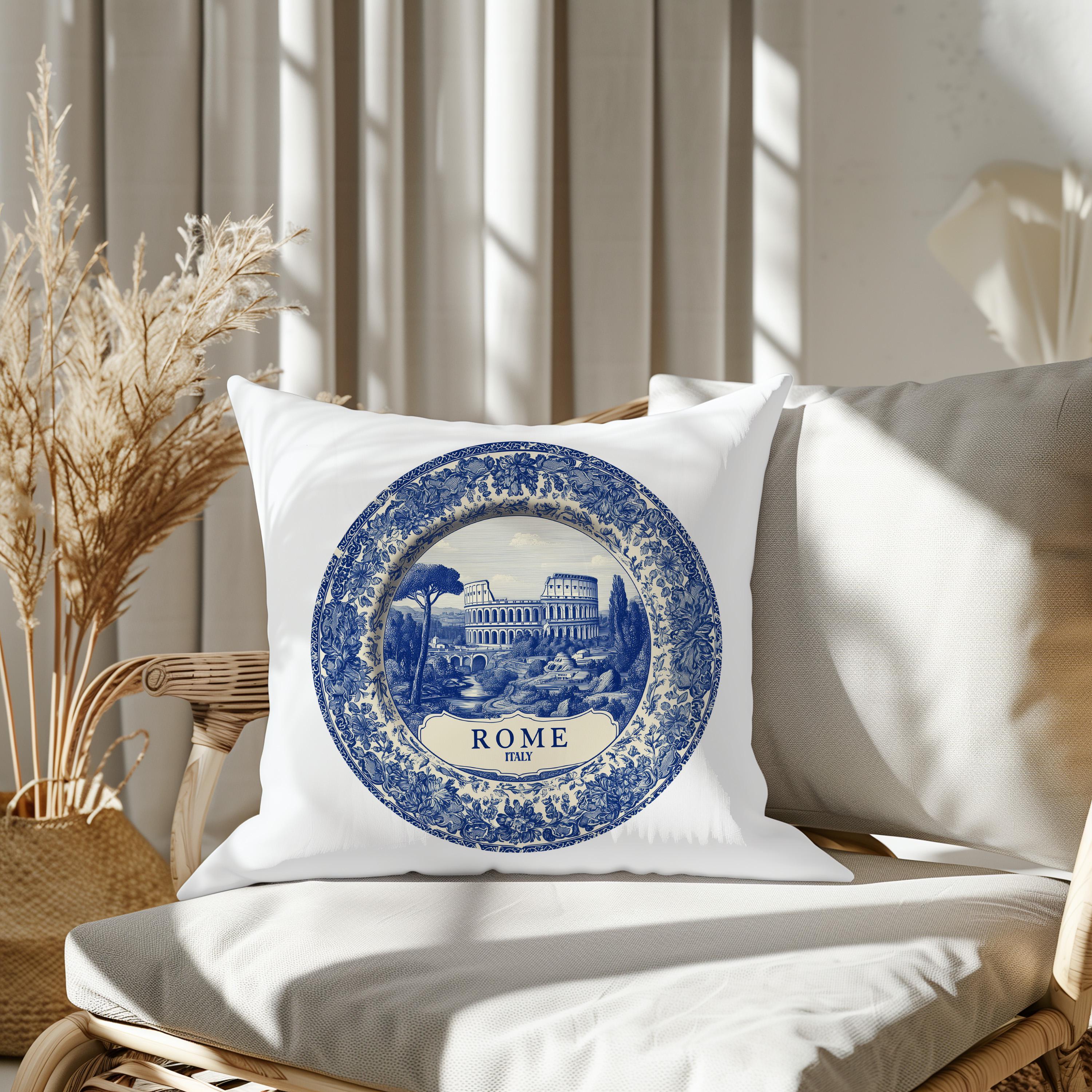 Rome Italy Pillowcase, Delft Style Decorative Throw Pillow, Vintage Cityscape Retro Home Decor