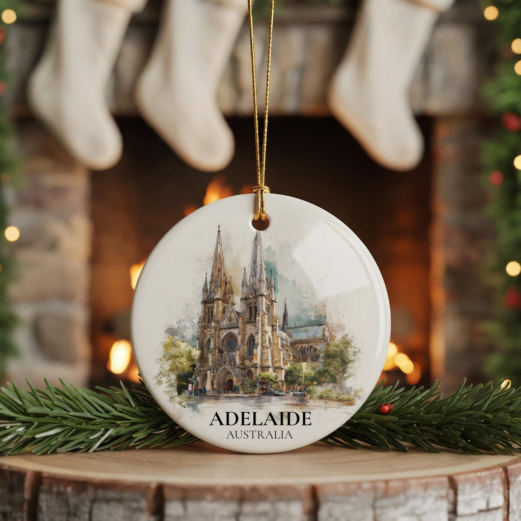 Adelaide Australia Personalized Watercolor Ornament, Custom Ceramic Christmas gift, Travel Keepsake - CuteBeePix