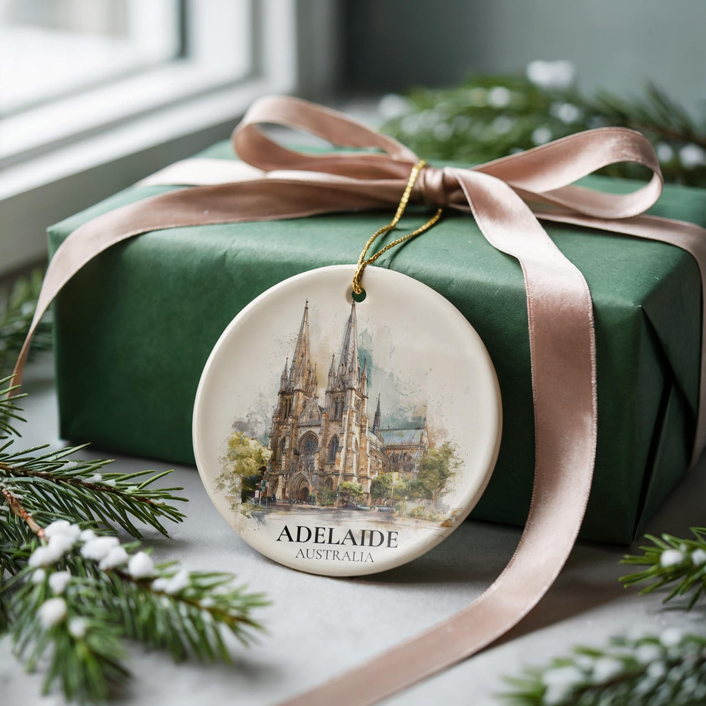 Adelaide Australia Personalized Watercolor Ornament, Custom Ceramic Christmas gift, Travel Keepsake - CuteBeePix