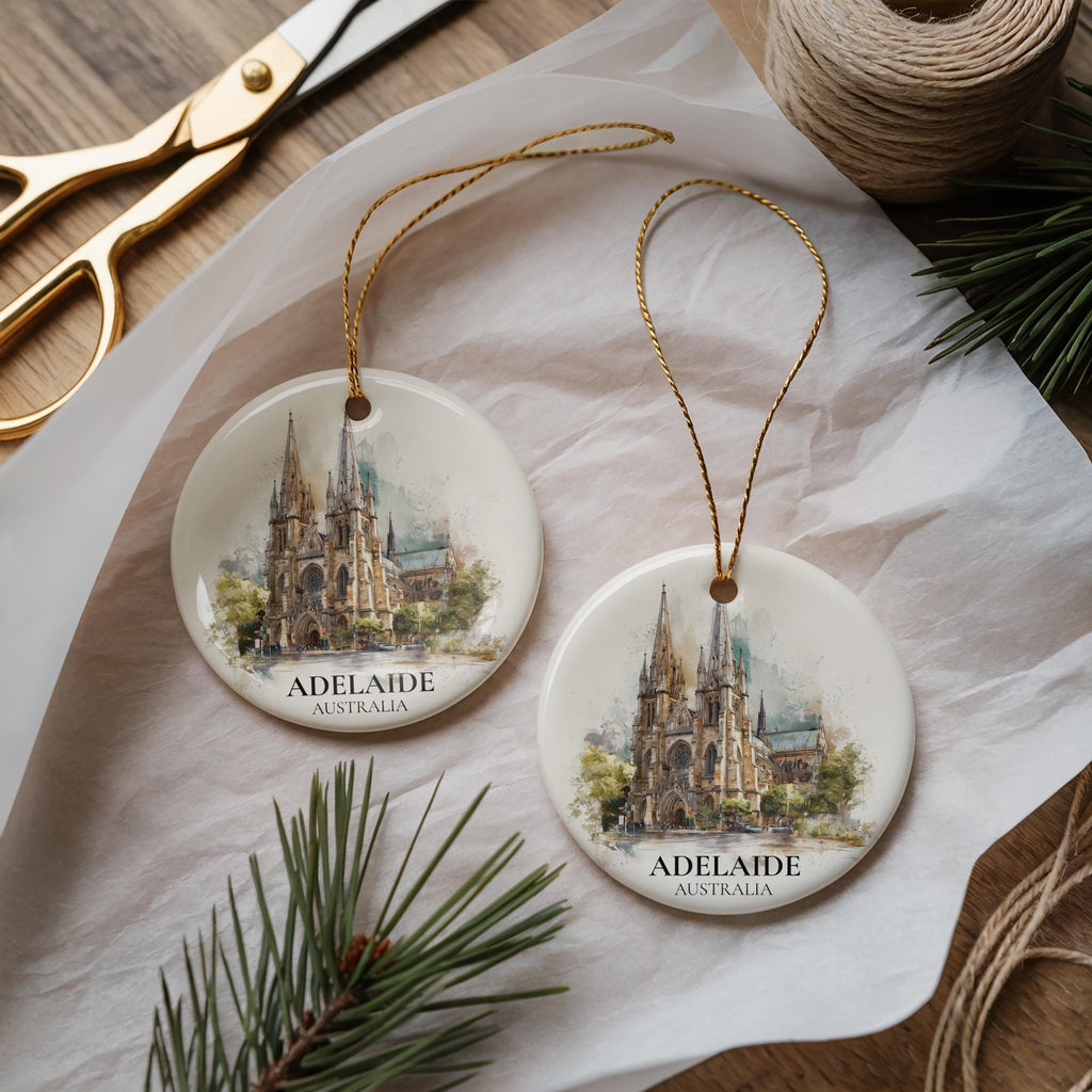 Adelaide Australia Personalized Watercolor Ornament, Custom Ceramic Christmas gift, Travel Keepsake - CuteBeePix
