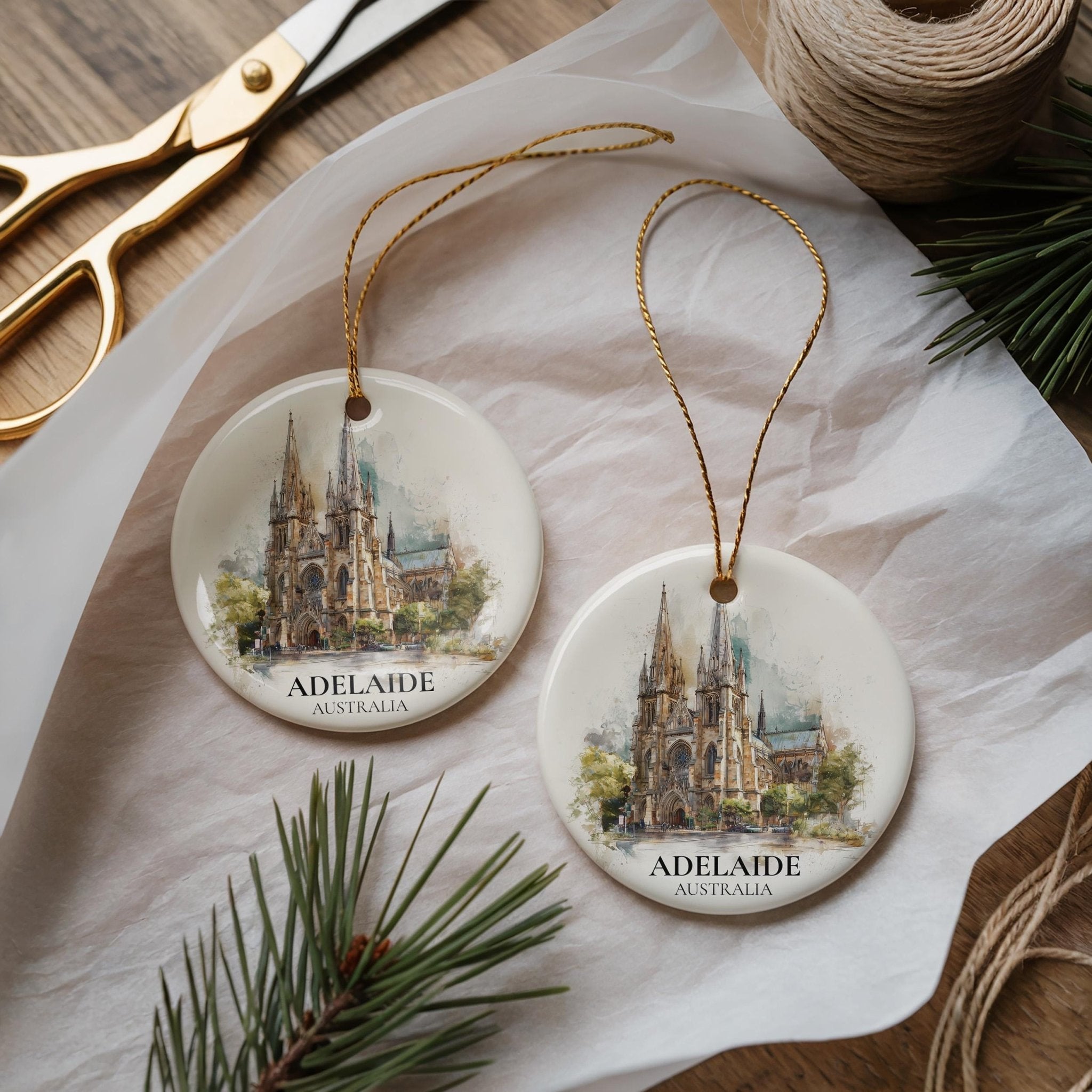 Adelaide Australia Personalized Watercolor Ornament, Custom Ceramic Christmas gift, Travel Keepsake - CuteBeePix
