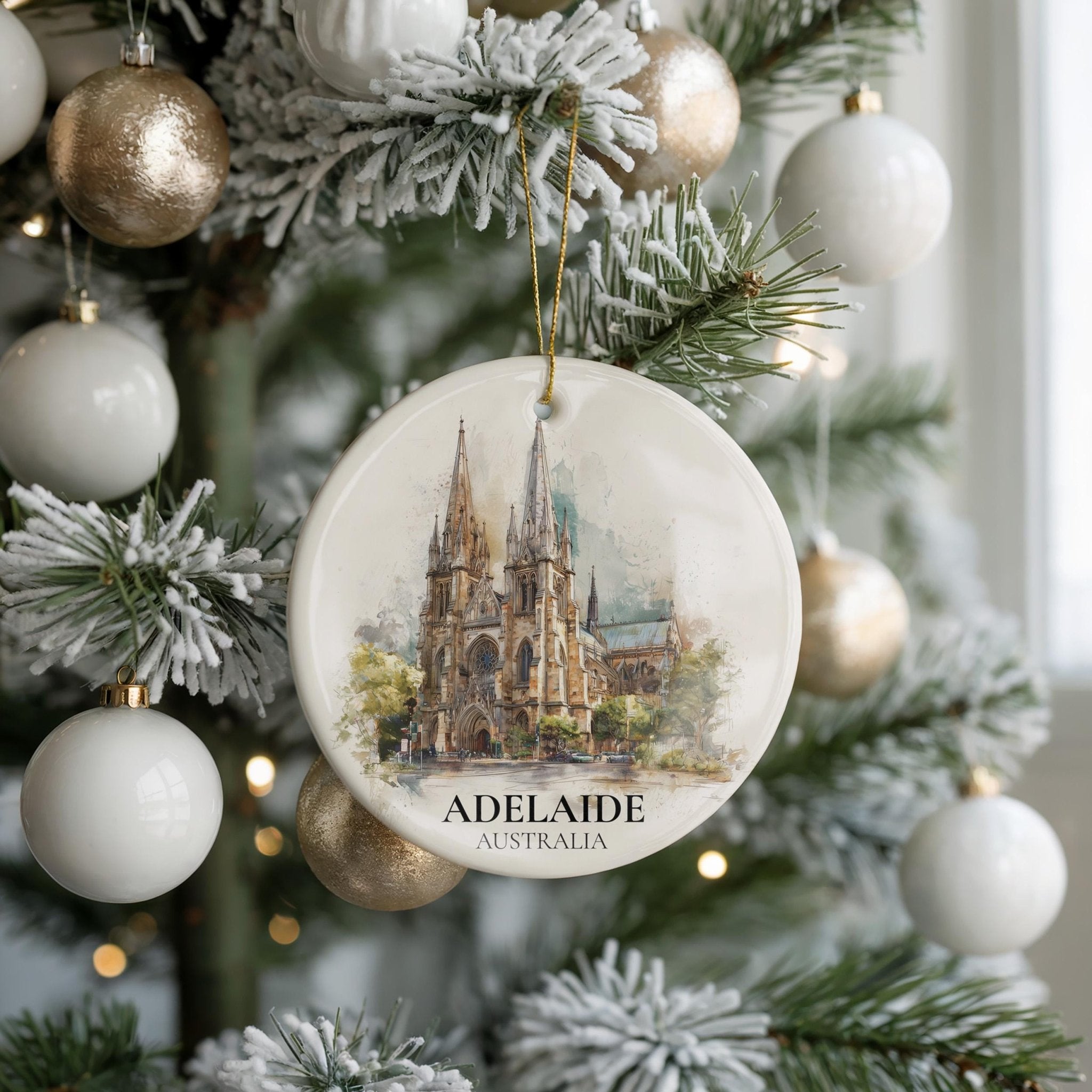 Adelaide Australia Personalized Watercolor Ornament, Custom Ceramic Christmas gift, Travel Keepsake - CuteBeePix