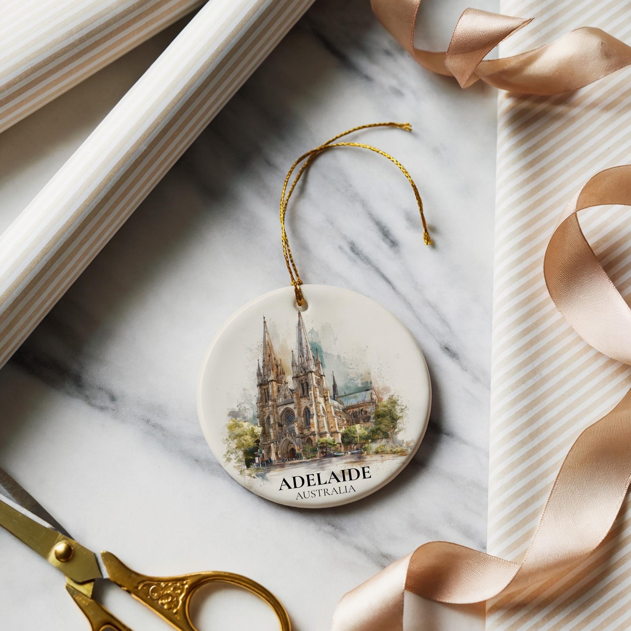 Adelaide Australia Personalized Watercolor Ornament, Custom Ceramic Christmas gift, Travel Keepsake - CuteBeePix