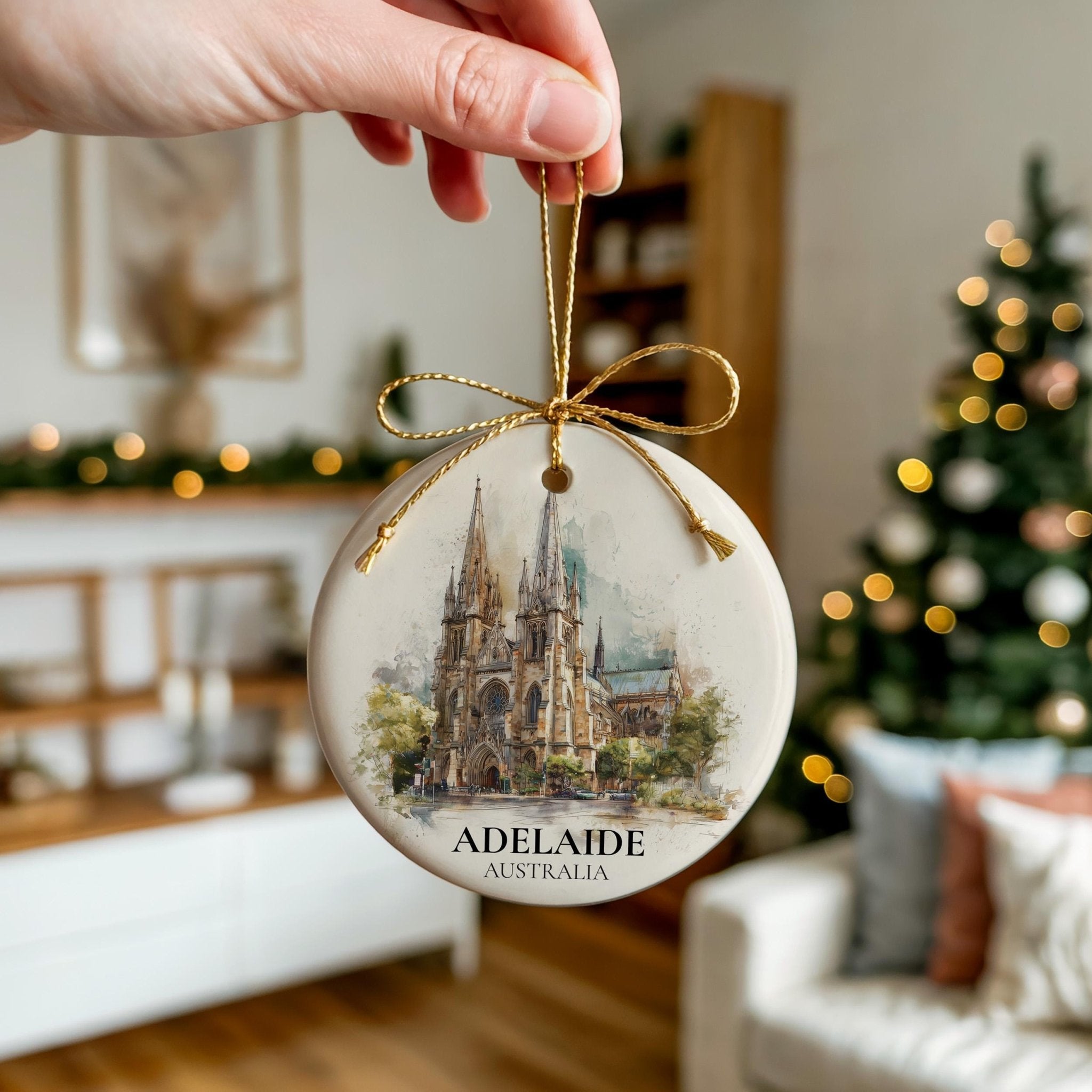 Adelaide Australia Personalized Watercolor Ornament, Custom Ceramic Christmas gift, Travel Keepsake - CuteBeePix