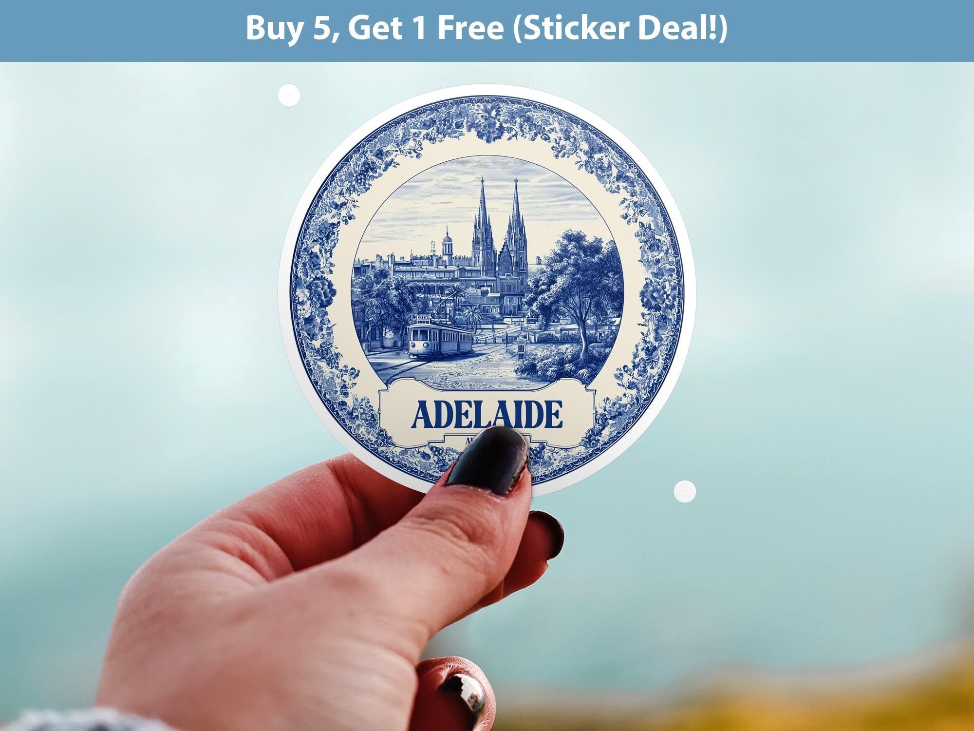 Adelaide Australia Sticker Vintage Delft style, Delftware Decal Waterproof Vinyl, Blue City Travel - CuteBeePix