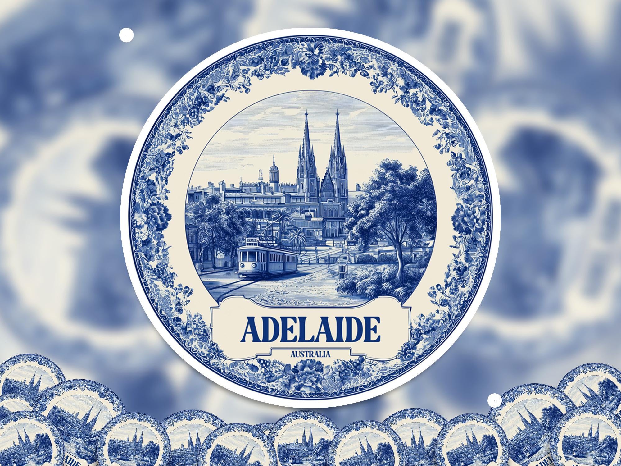 Adelaide Australia Sticker Vintage Delft style, Delftware Decal Waterproof Vinyl, Blue City Travel - CuteBeePix