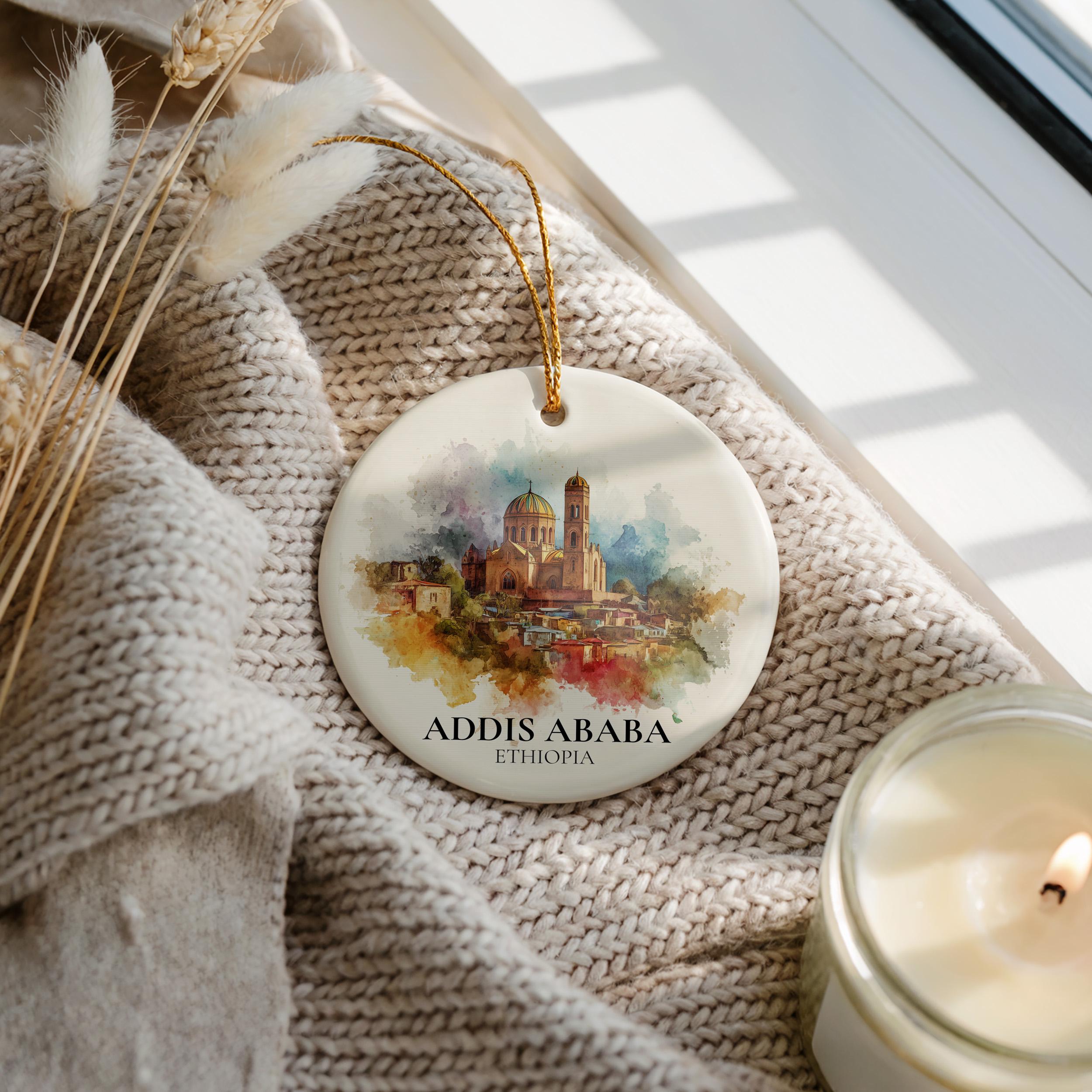 Addis Ababa Ethiopia Personalized Watercolor Ornament, Custom Ceramic Christmas gift, Travel Keepsake