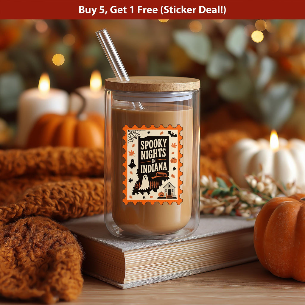 Indiana Stamp Halloween Sticker, Spooky USA Kiss-Cut Vinyl, Waterproof Decal, United States Travel