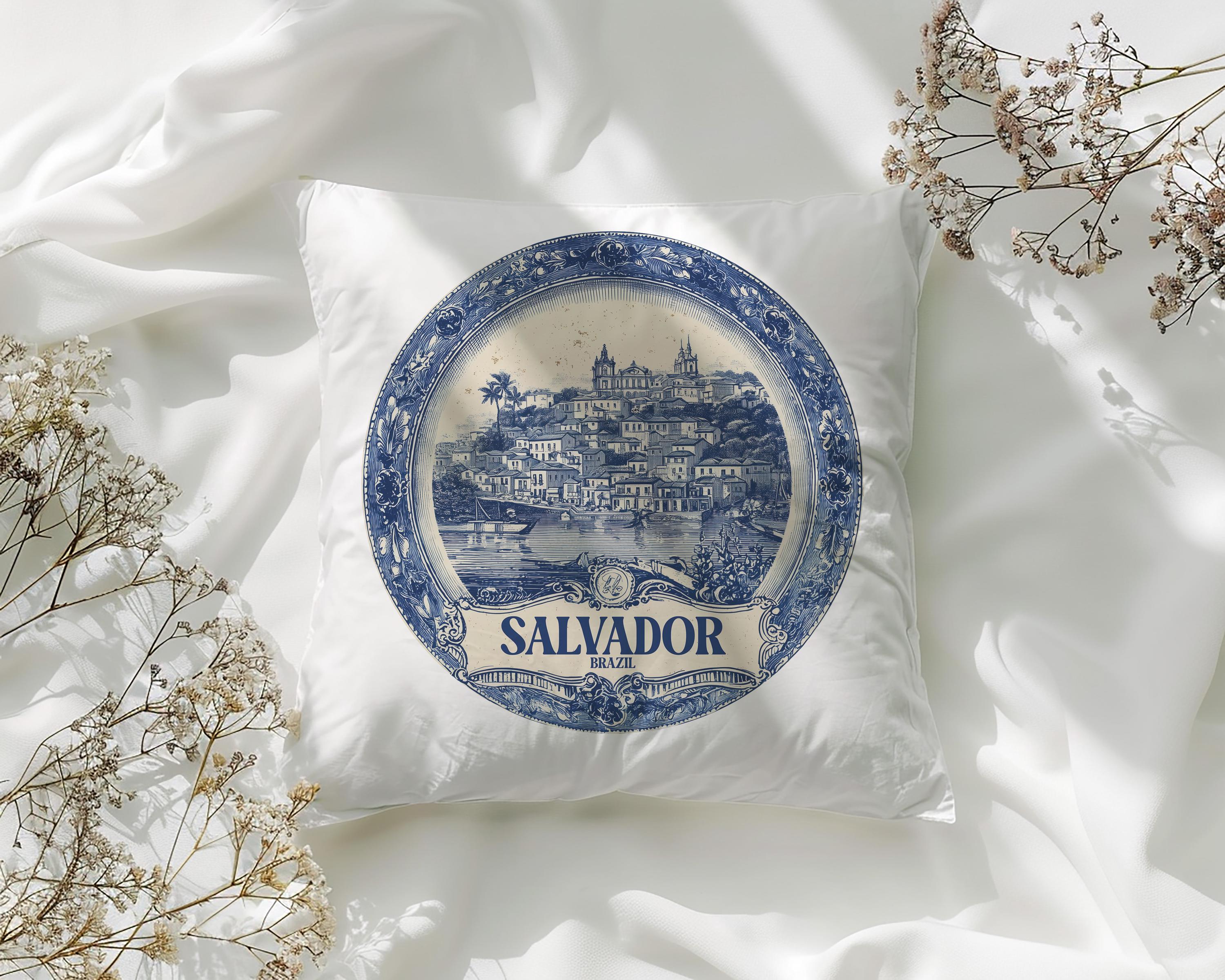 Salvador Brazil Pillowcase, Delft Style Decorative Throw Pillow, Vintage Cityscape Retro Home Decor