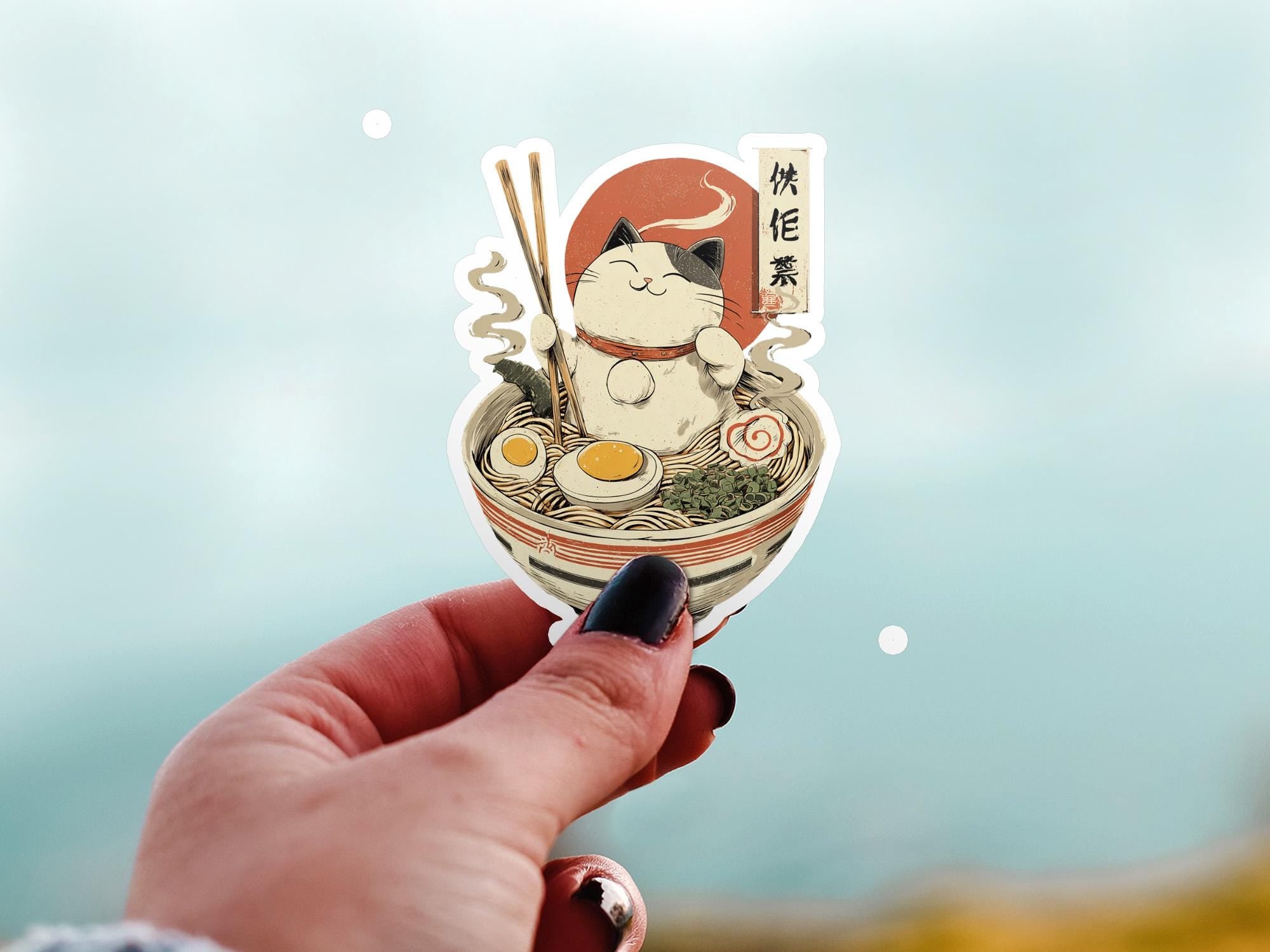 Kawaii Cat Ramen Vinyl Decal: Waterproof Laptop Sticker