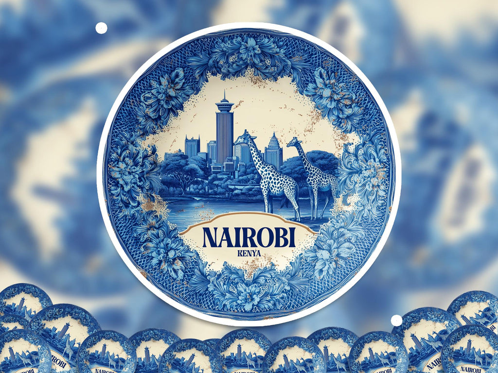 Nairobi Kenya Sticker Vintage Delft style, Delftware Decal Waterproof Vinyl, Blue City Travel
