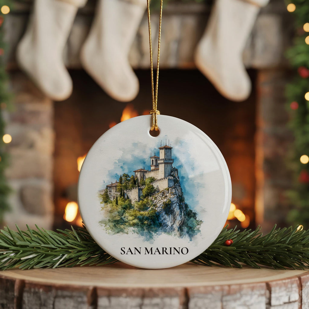 San Marino Personalized Watercolor Ornament, Custom Ceramic Christmas gift, Travel Keepsake