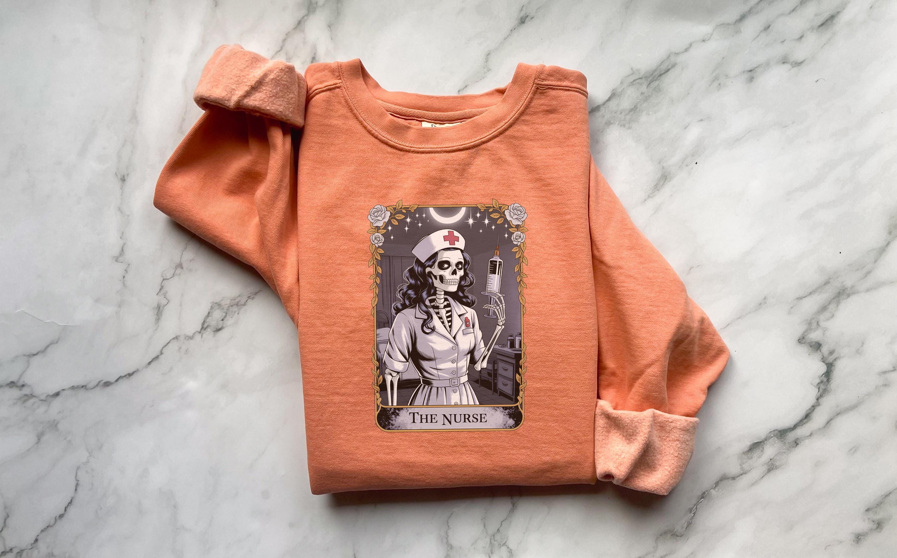 Halloween Nurse Skeleton Sweatshirt, Gothic Tarot Card Medical Pullover, Creepy RN Skull Top, Witchy Fall Aesthetic Shirt, Gift for Nurse