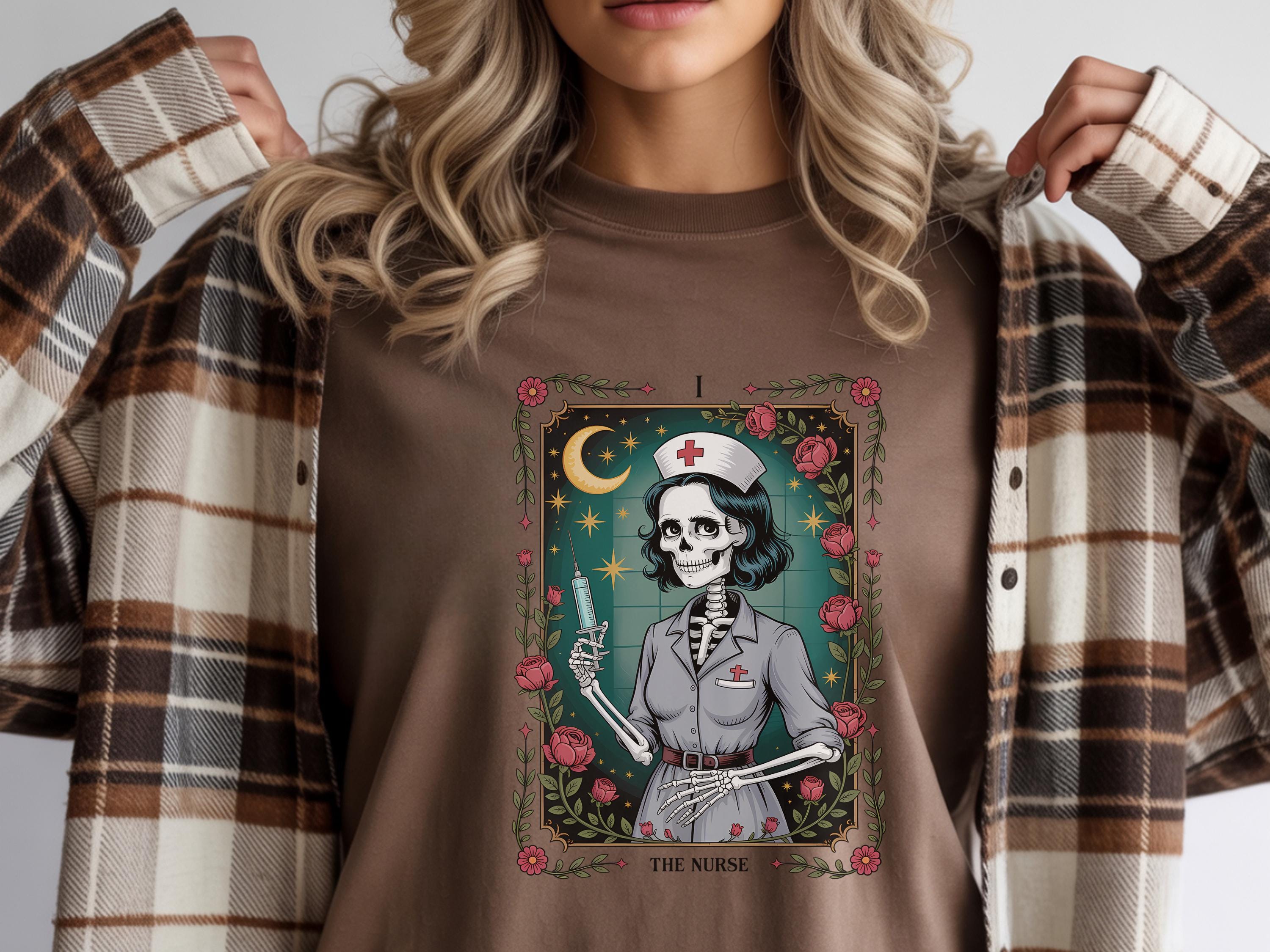 Halloween Nurse Sweatshirt: Gothic Skeleton Tarot Card, Spooky RN Outfit