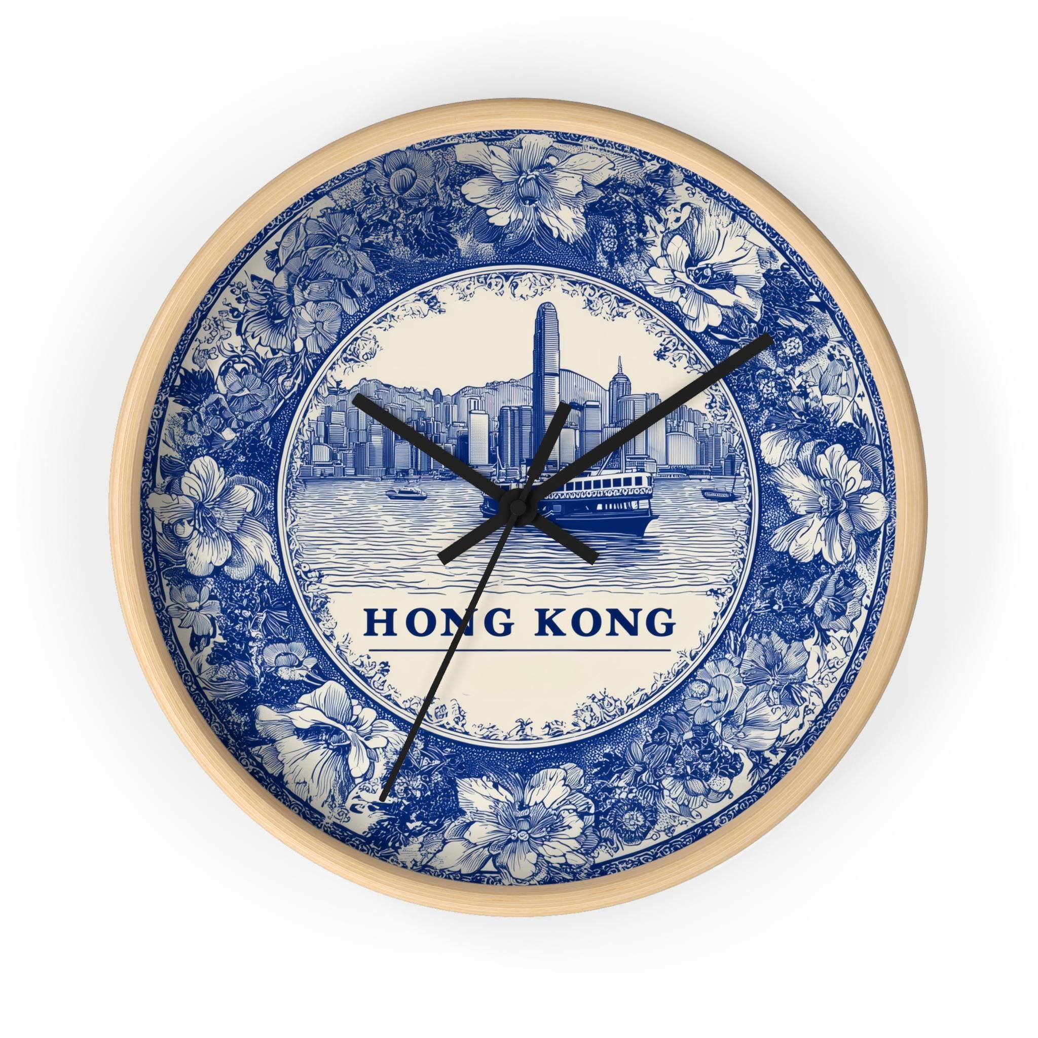 Hong Kong Wall Clock, Delf style Home Decor, Vintage City Travel Keepsake Art