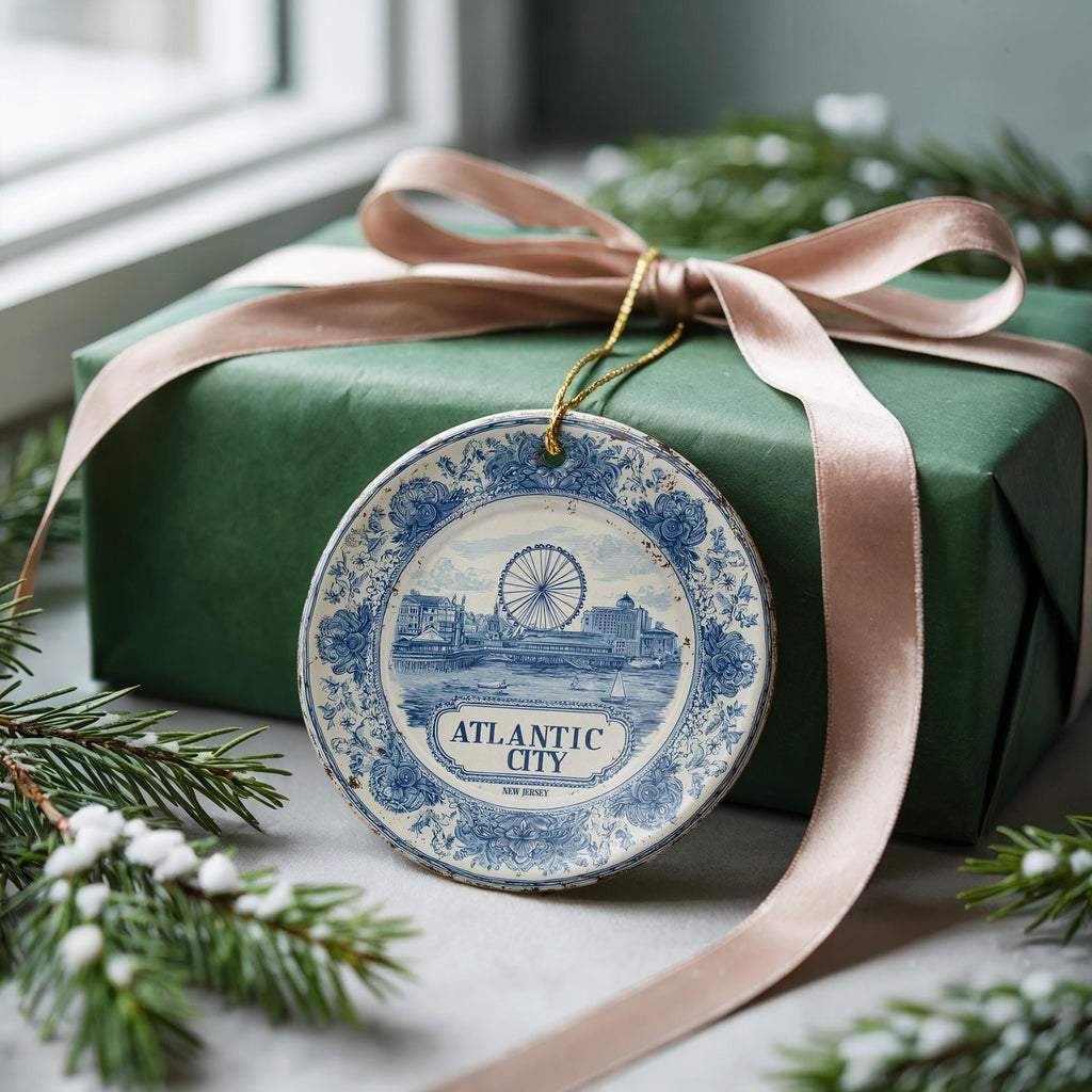 Custom Atlantic City New Jersey Ceramic Delft Ornament, Christmas Delftware Blue Delftware city travel