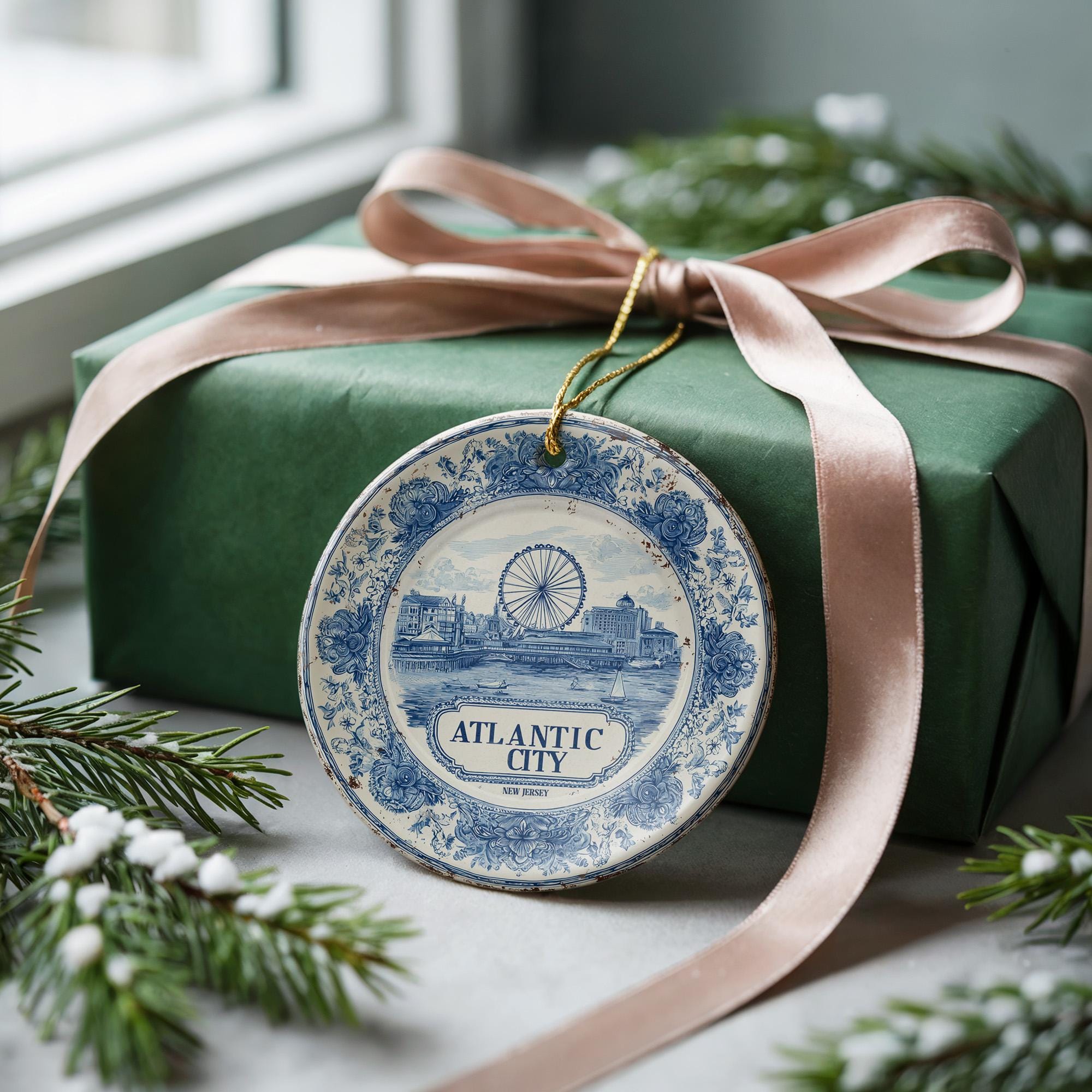 Custom Atlantic City New Jersey Ceramic Delft Ornament, Christmas Delftware Blue Delftware city travel