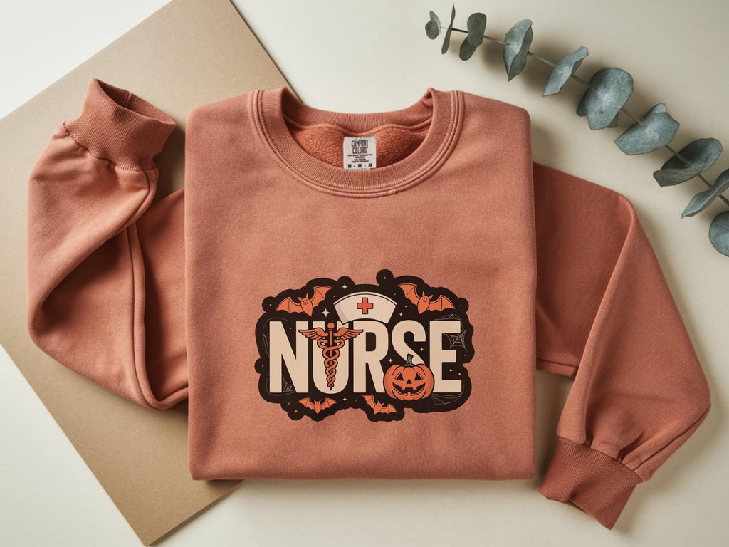 Halloween Nurse Comfort Colors Sweatshirt, Spooky RN Crewneck Pullover, Pumpkin Bat Ghost Design, Nurse Gift Fall Outfit
