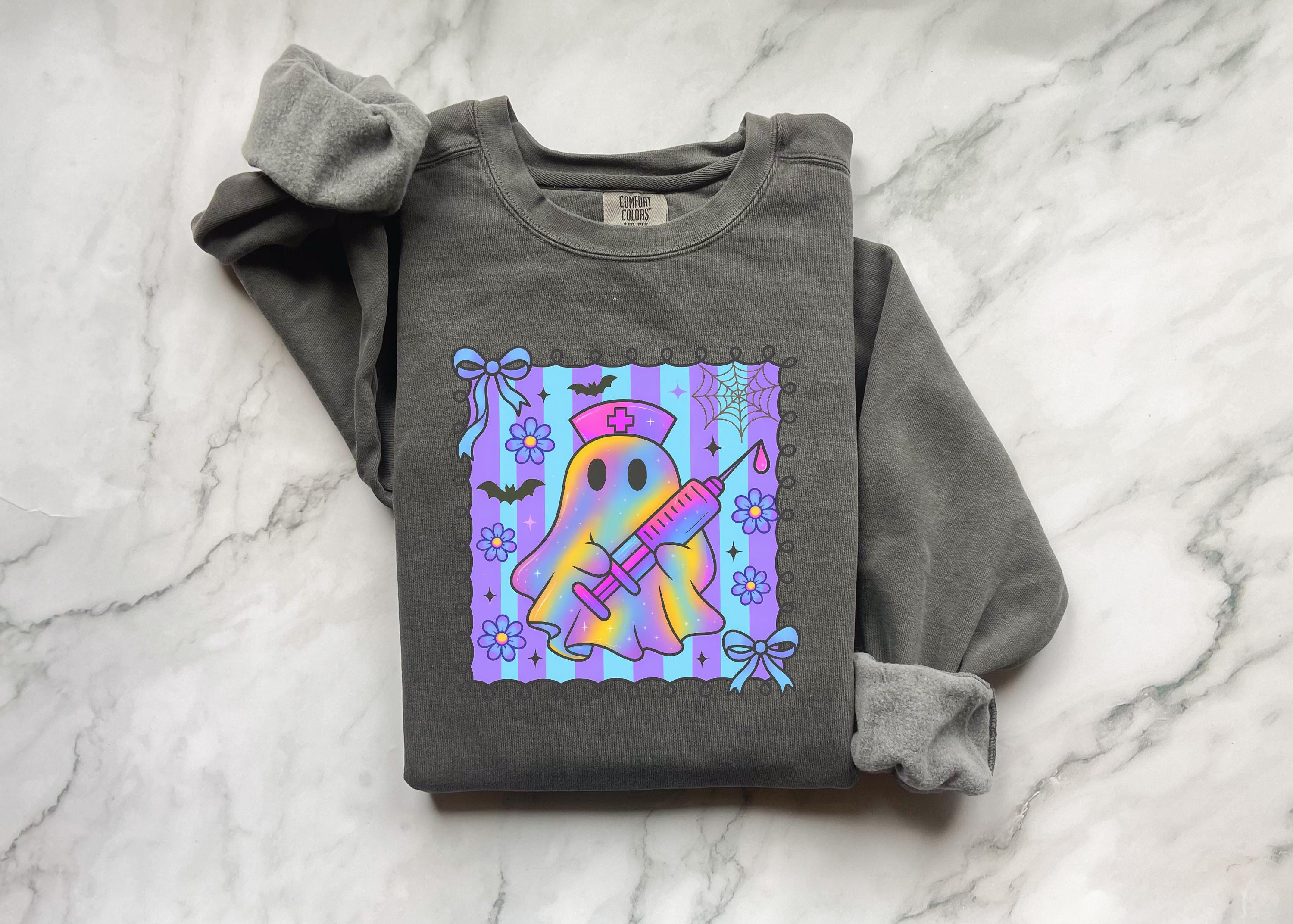 Cute Ghost Nurse Halloween Sweatshirt, Spooky RN Fall Top Cozy Autumn Pullover, Cute Retro Gift for Nurse
