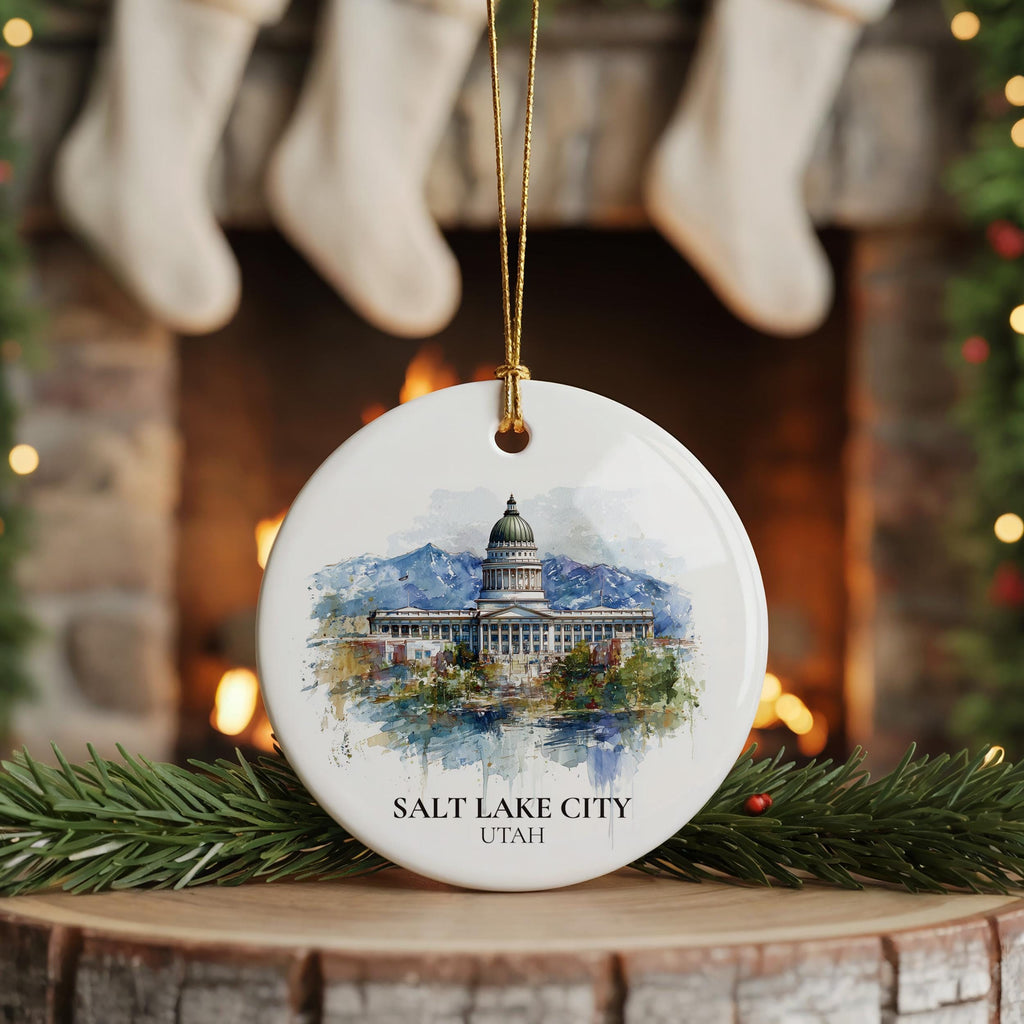 Salt Lake City Utah Personalized Watercolor Ornament, Custom Ceramic Christmas gift, Travel Keepsake