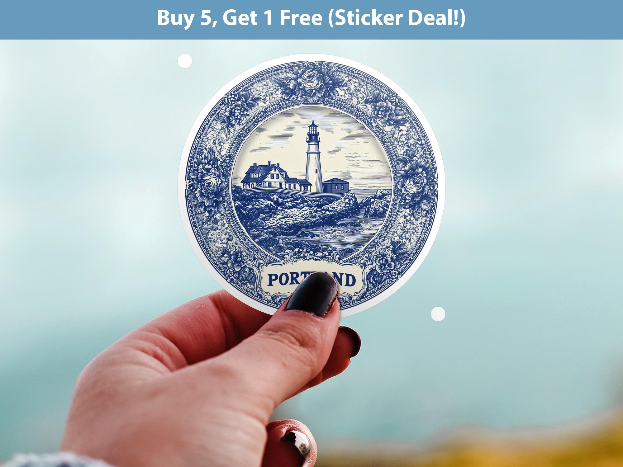 Portland Maine Sticker Vintage Delft style, Delftware Decal Waterproof Vinyl, Blue City Travel